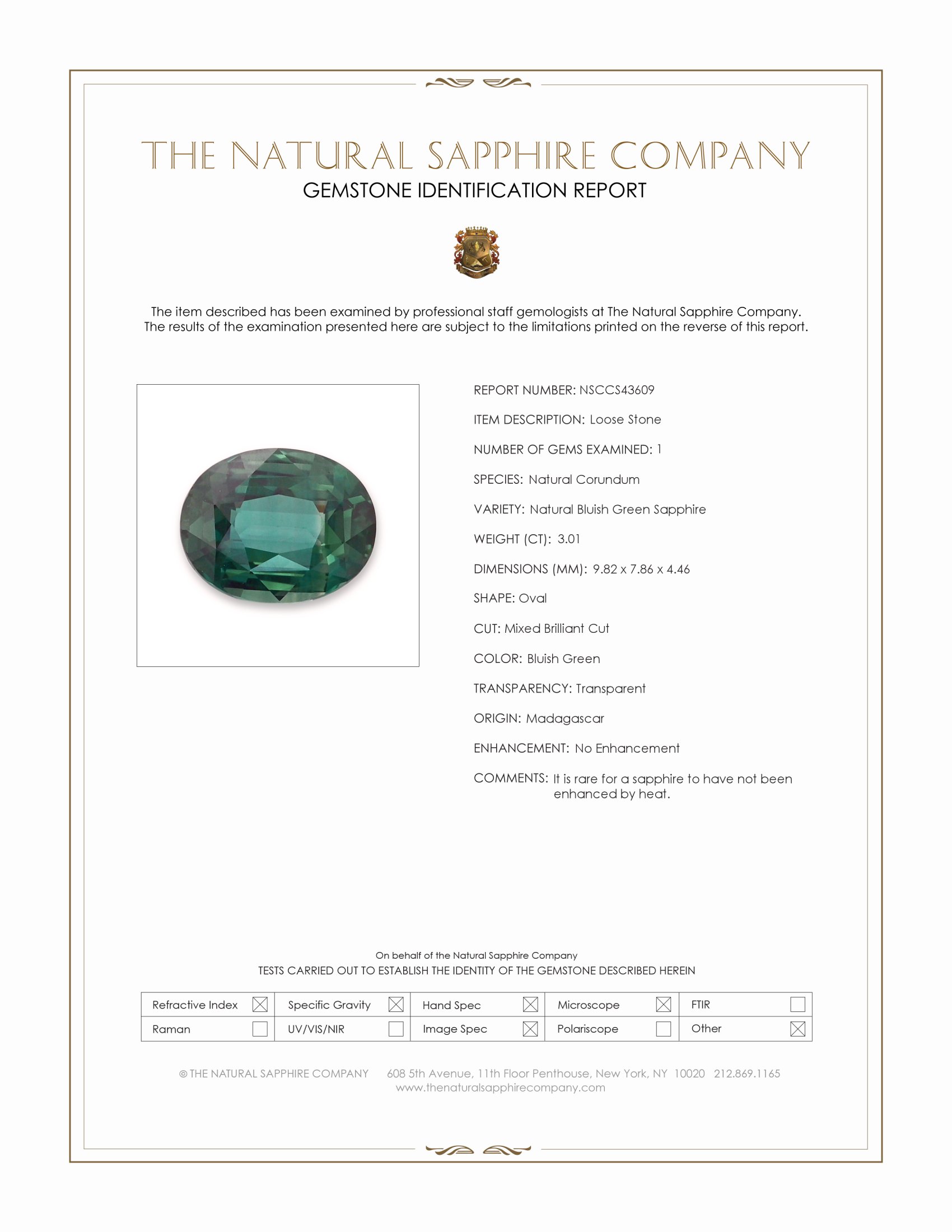 3.01 Ct. Bluish Green Sapphire from Madagascar