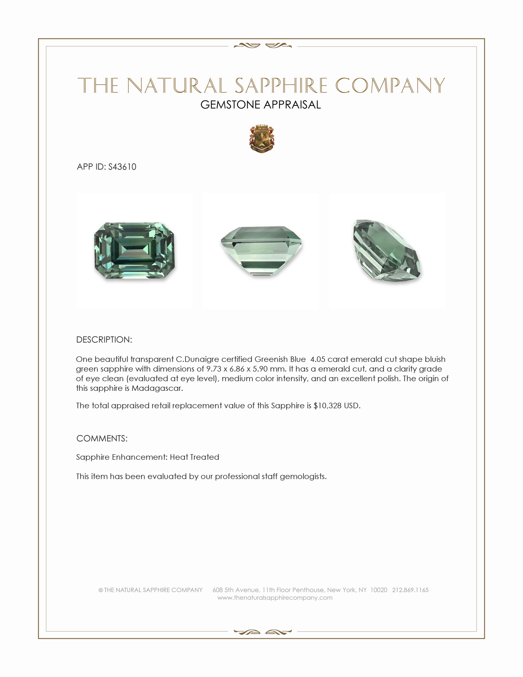 4.05 Ct. Bluish Green Sapphire from Madagascar