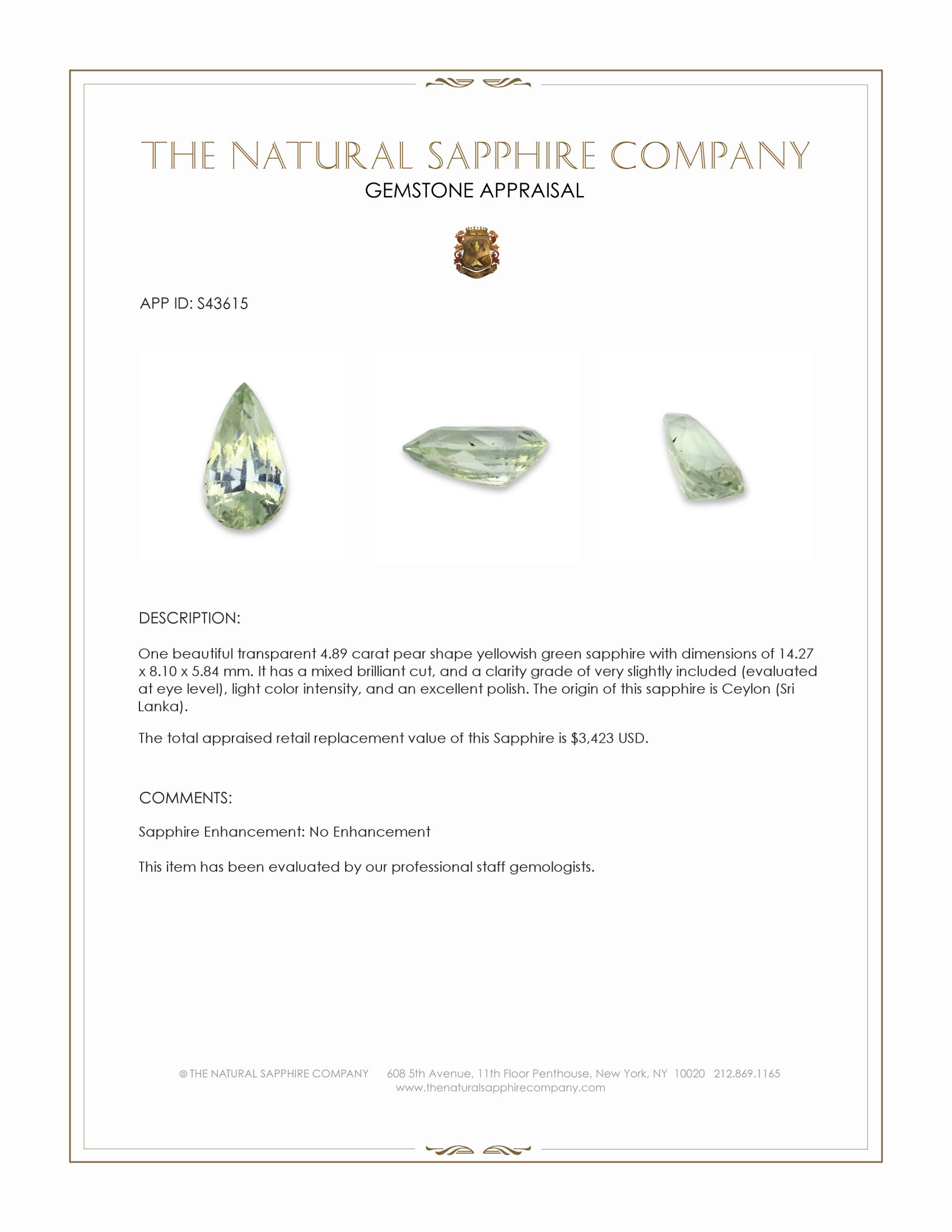 4.89 Ct. Yellowish Green Sapphire from Ceylon (Sri Lanka)