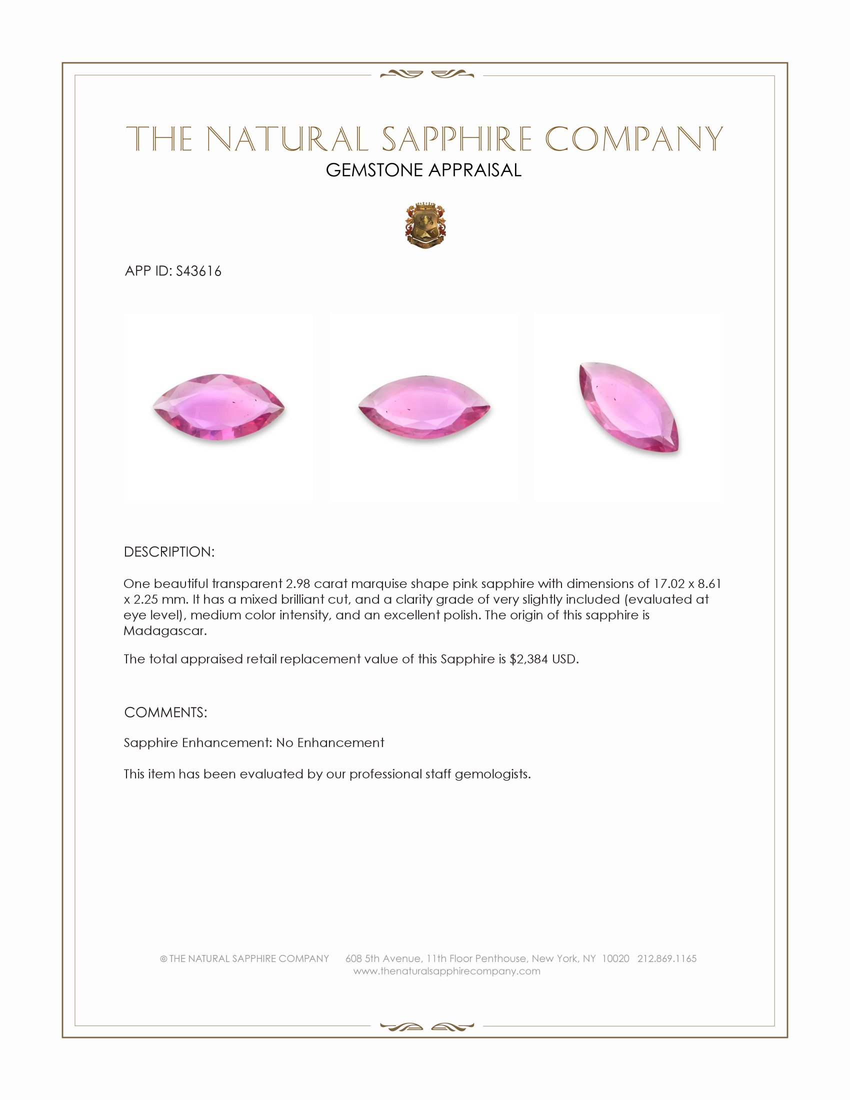 2.98 Ct. Pink Sapphire from Madagascar