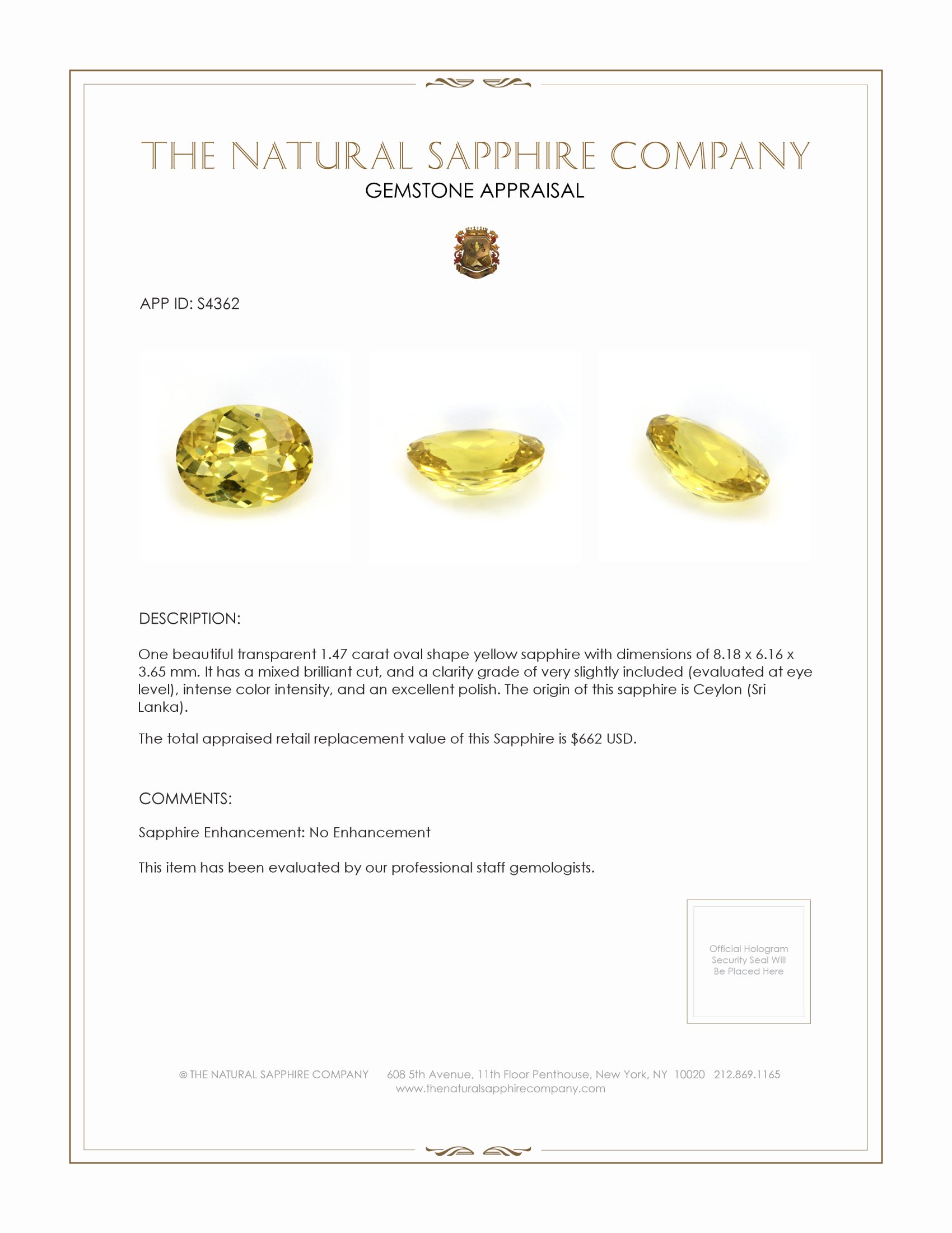 1.47 Ct. Yellow Sapphire from Ceylon (Sri Lanka)