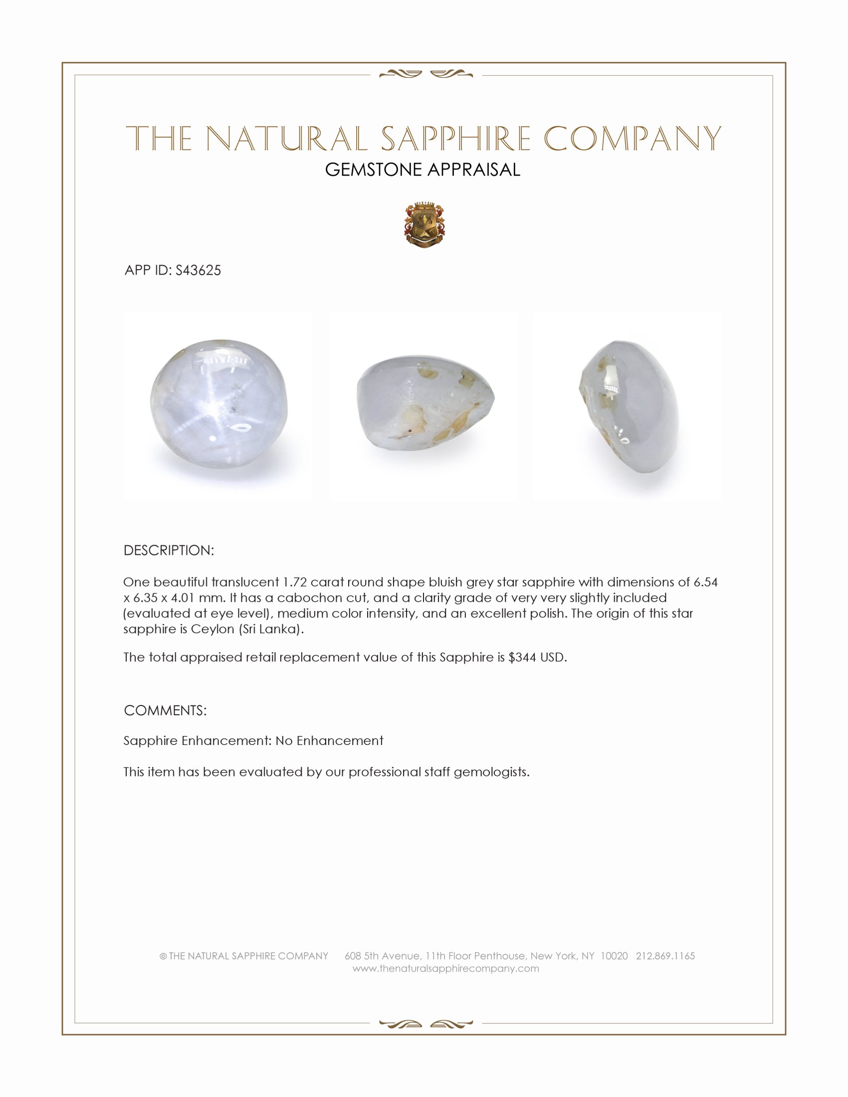 1.72 Ct. Bluish Grey Star Sapphire from Ceylon (Sri Lanka)