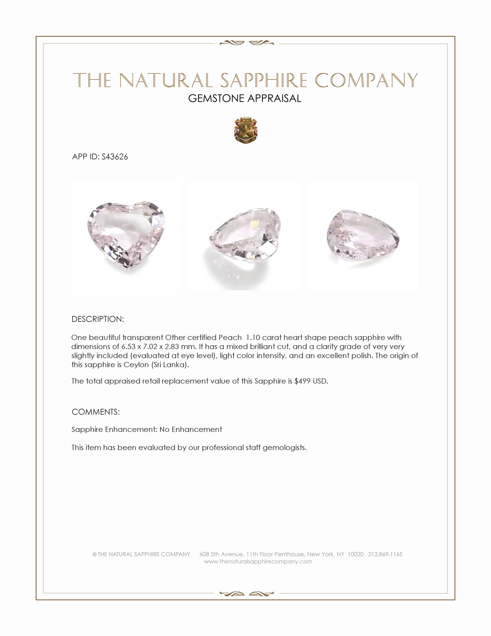 1.10 Ct. Peach Sapphire from Ceylon (Sri Lanka)