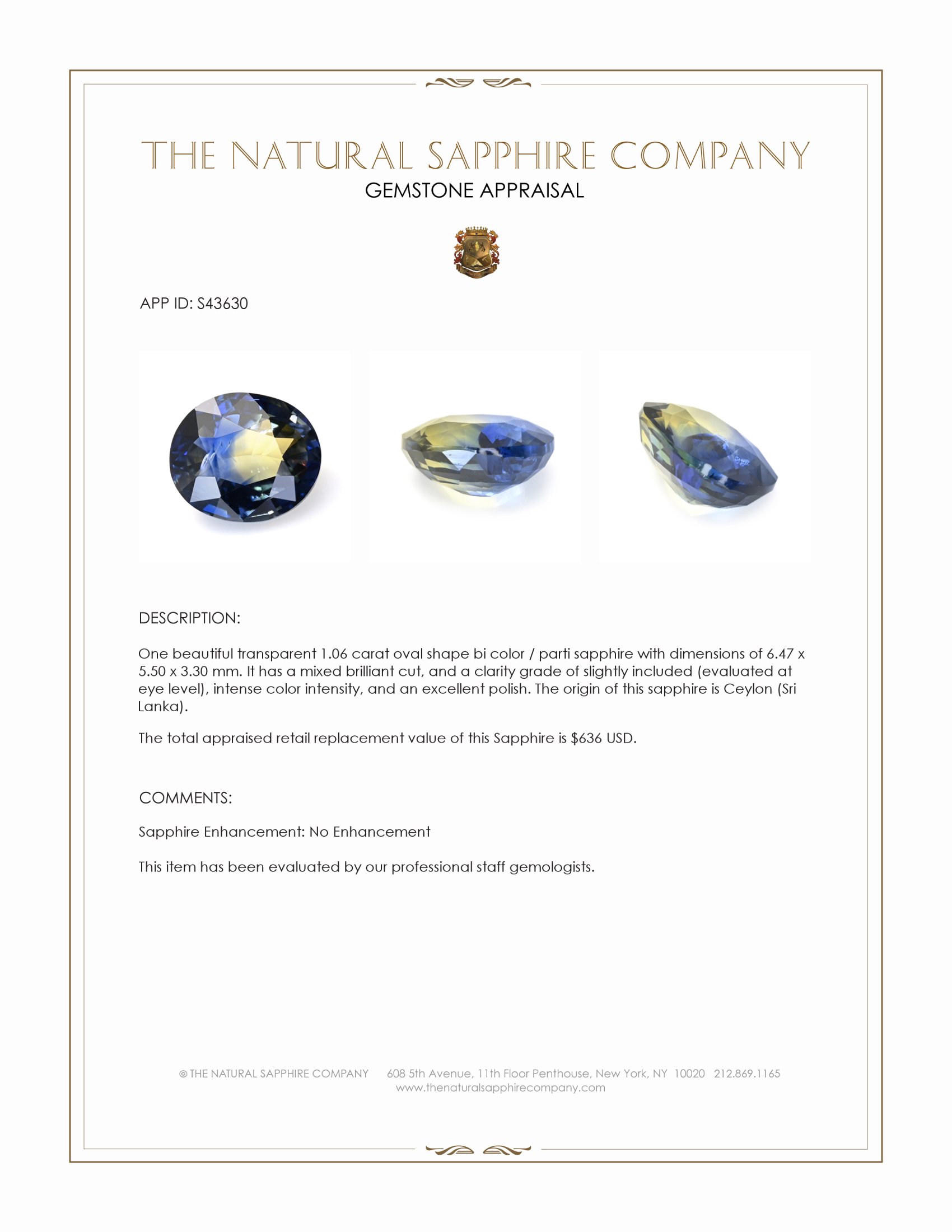 1.06 Ct. Bi Color / Parti Sapphire from Ceylon (Sri Lanka)