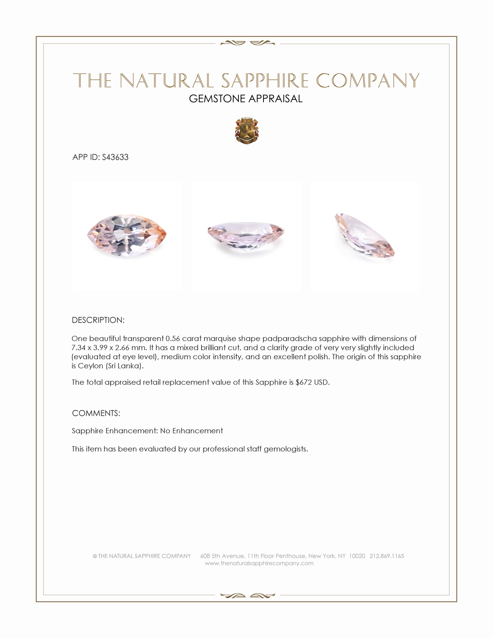 0.56 Ct. Padparadscha Sapphire from Ceylon (Sri Lanka)