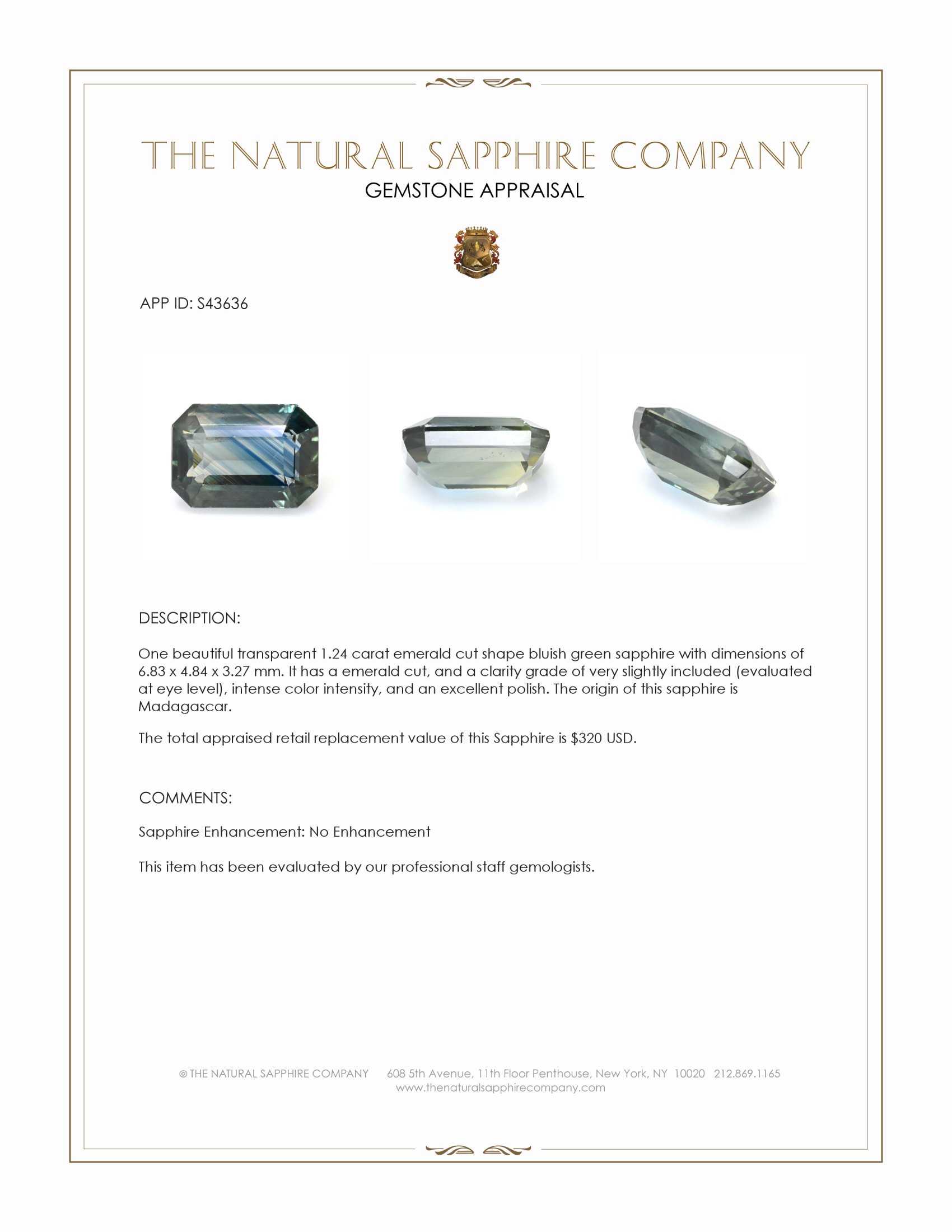 1.24 Ct. Bluish Green Sapphire from Madagascar