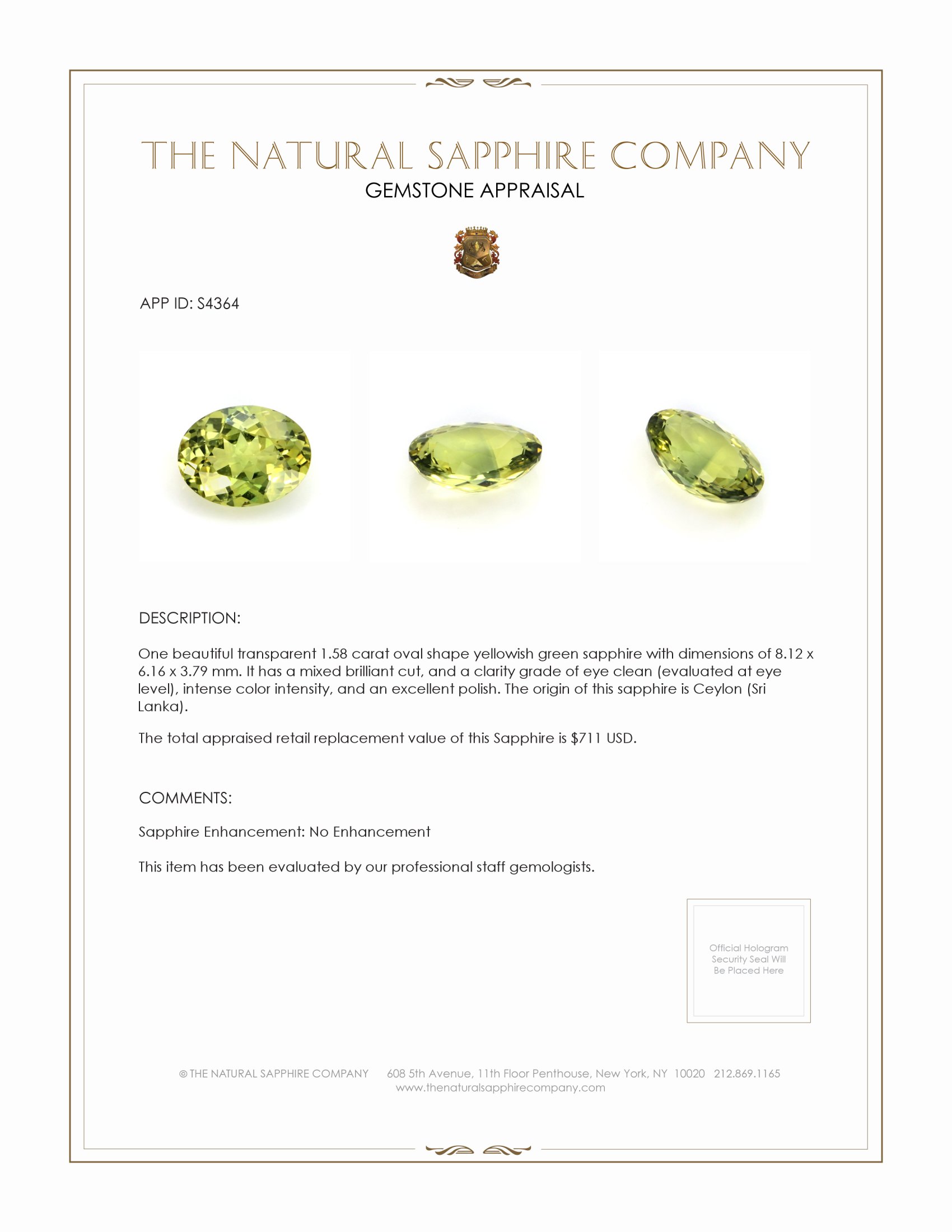 1.58 Ct. Yellowish Green Sapphire from Ceylon (Sri Lanka)