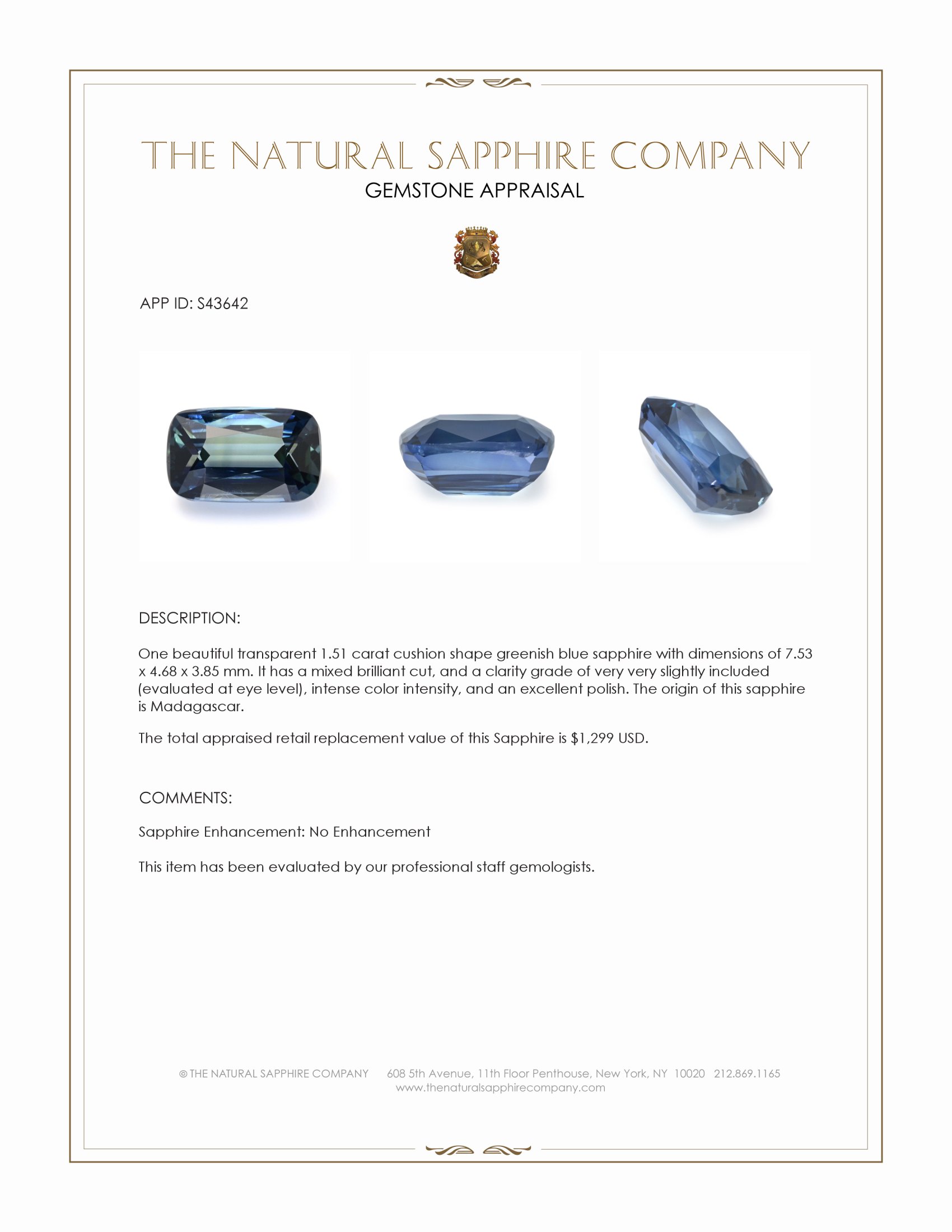 1.51 Ct. Greenish Blue Sapphire from Madagascar