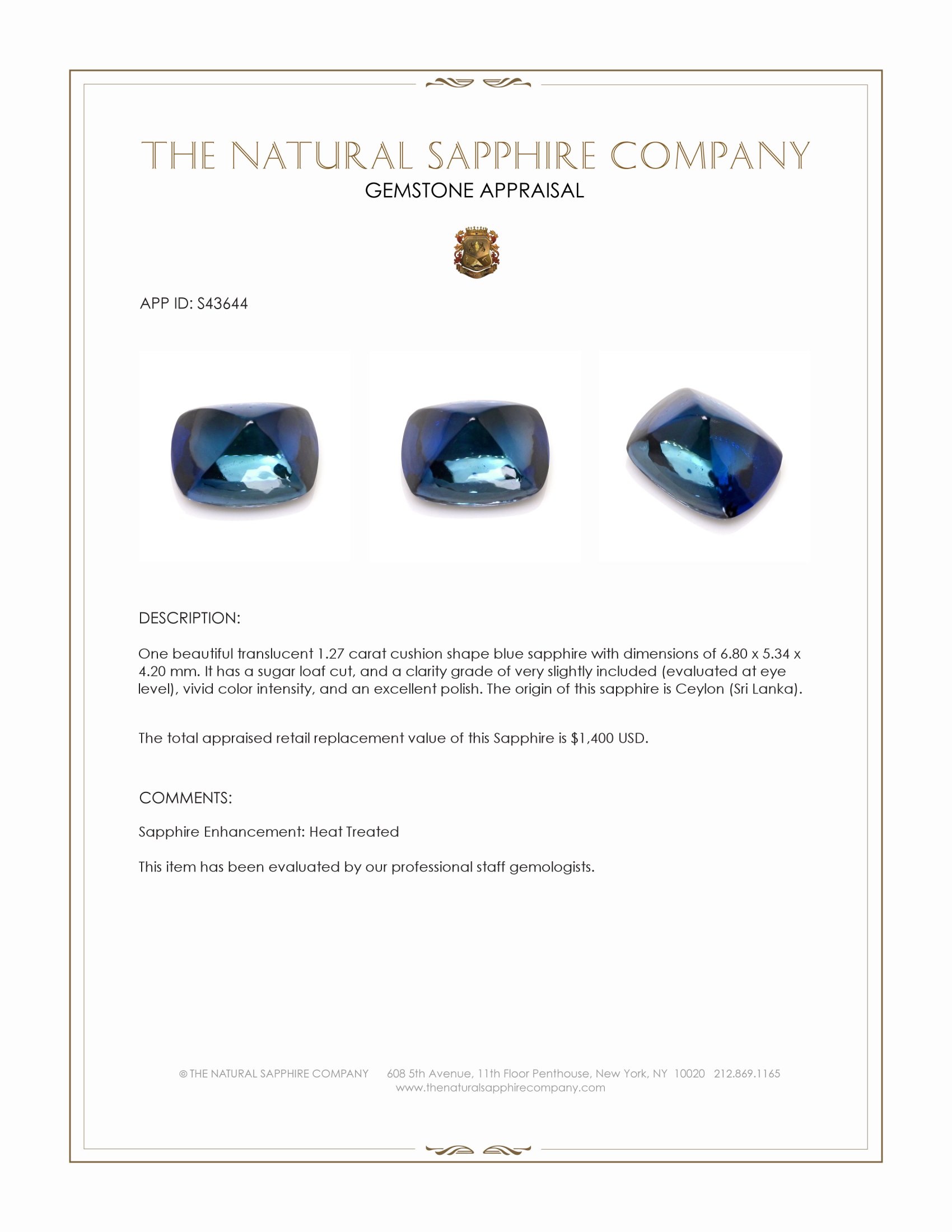 1.27 Ct. Blue Cabochon Sapphire from Ceylon (Sri Lanka)