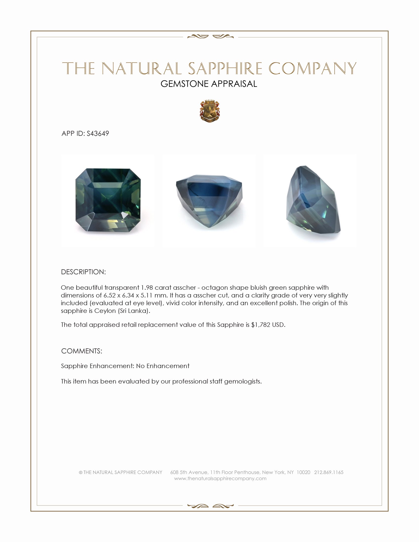 1.98 Ct. Bluish Green Sapphire from Madagascar
