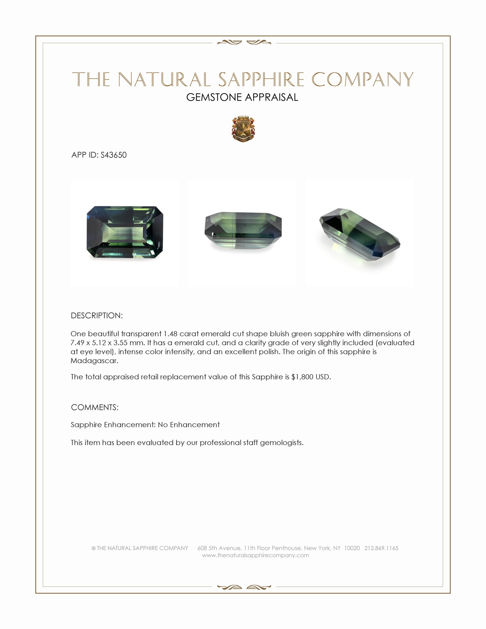 1.48 Ct. Bluish Green Sapphire from Madagascar