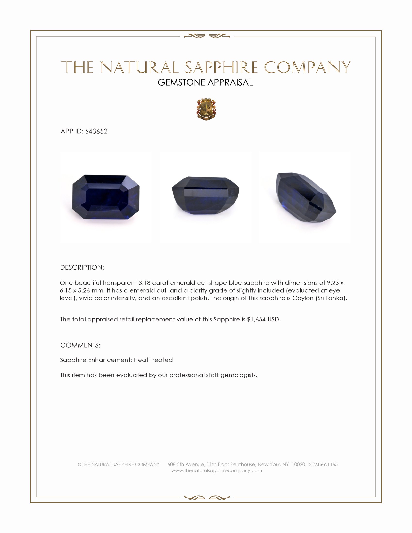 3.18 Ct. Blue Sapphire from Ceylon (Sri Lanka)