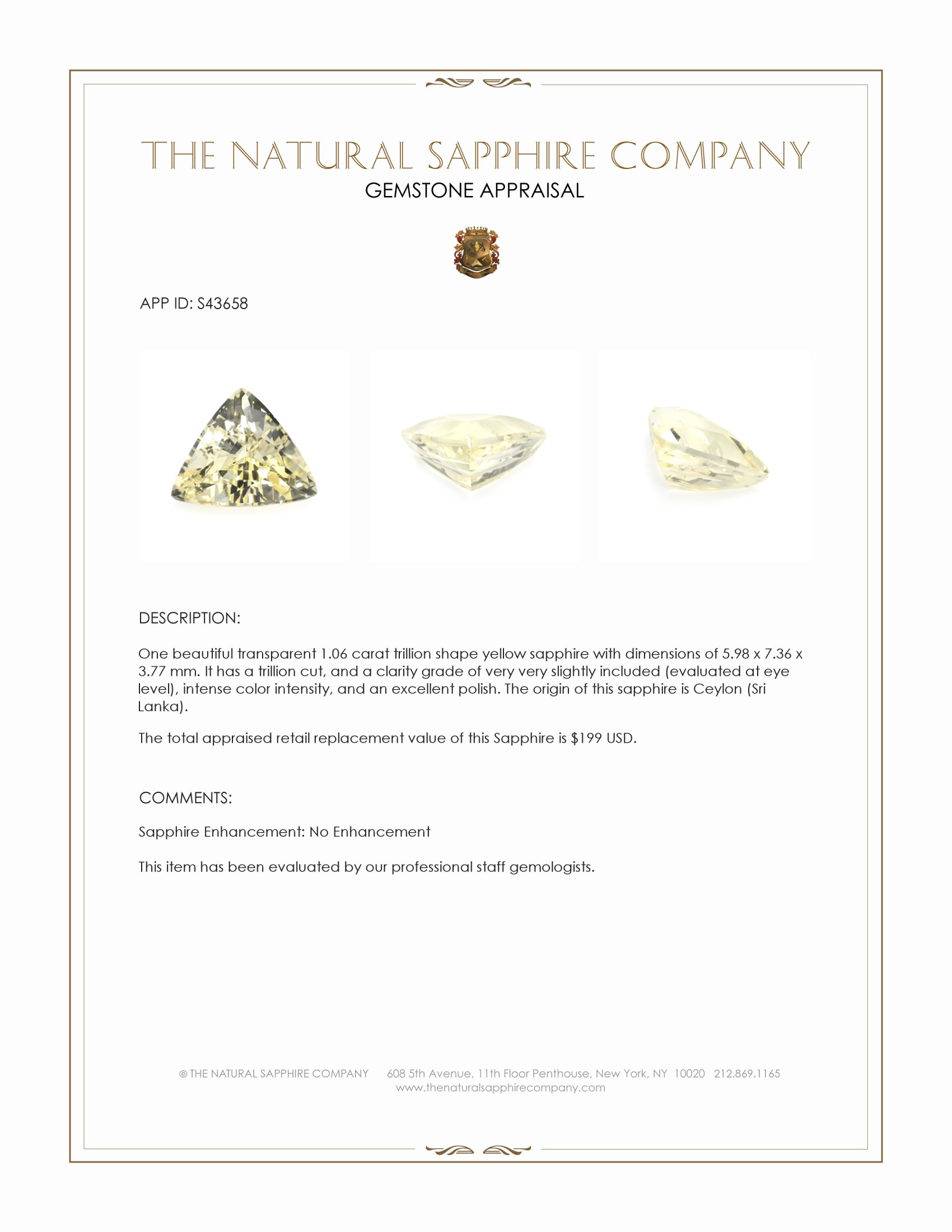 1.06 Ct. Yellow Sapphire from Ceylon (Sri Lanka)