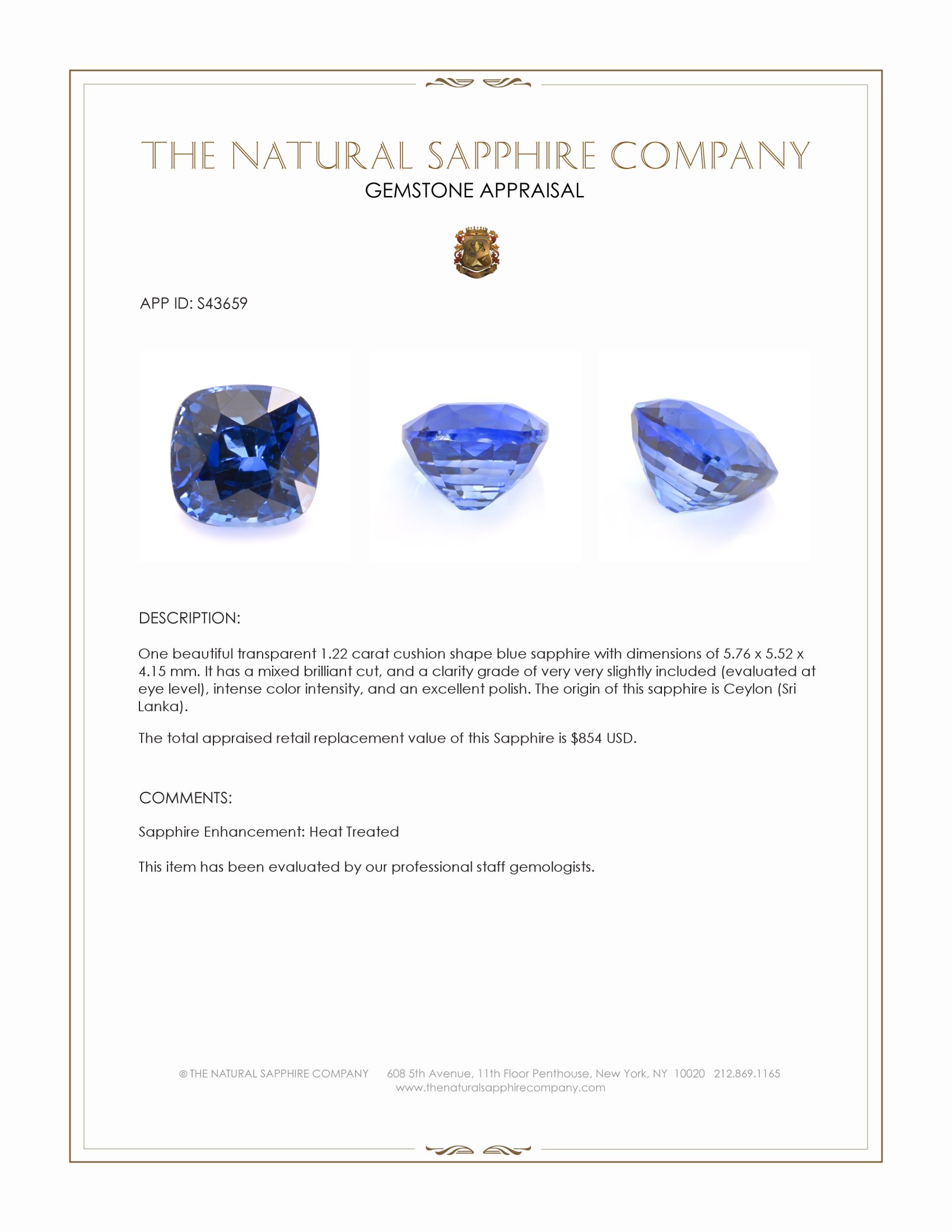 1.22 Ct. Blue Sapphire from Ceylon (Sri Lanka)