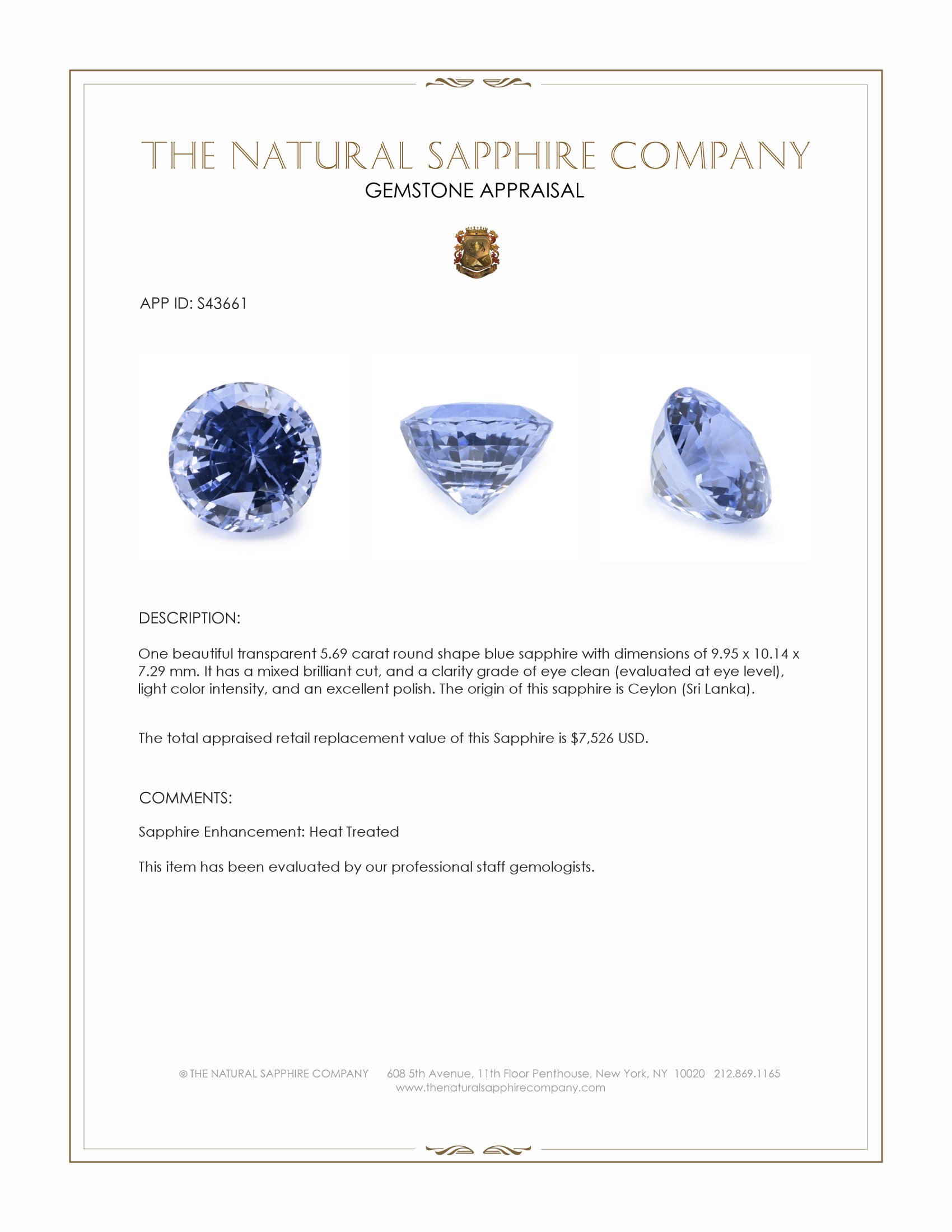 5.69 Ct. Blue Sapphire from Ceylon (Sri Lanka)