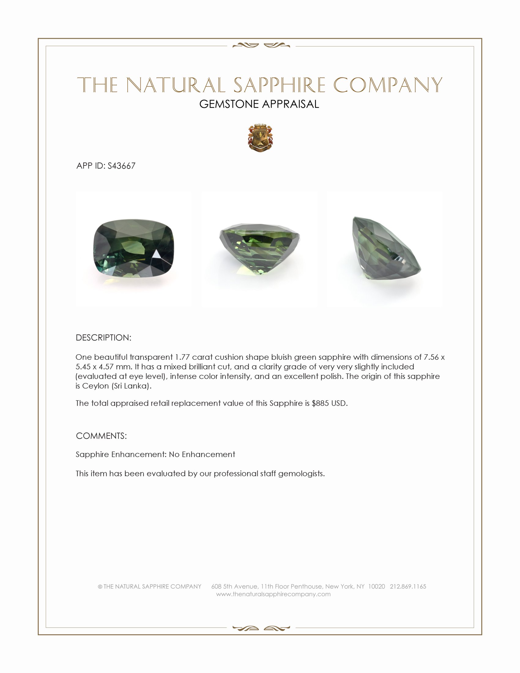 1.77 Ct. Bluish Green Sapphire from Ceylon (Sri Lanka)