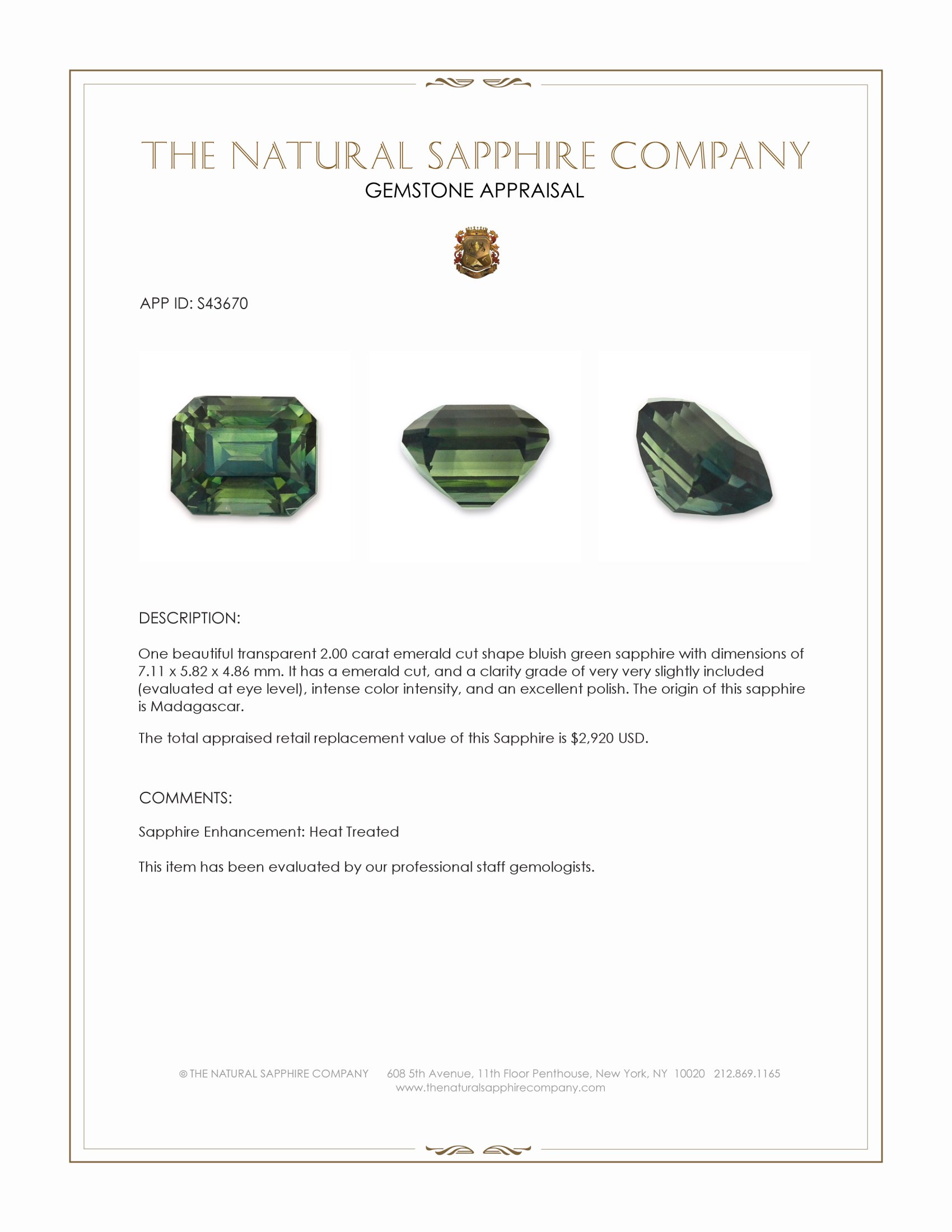 2.00 Ct. Bluish Green Sapphire from Madagascar