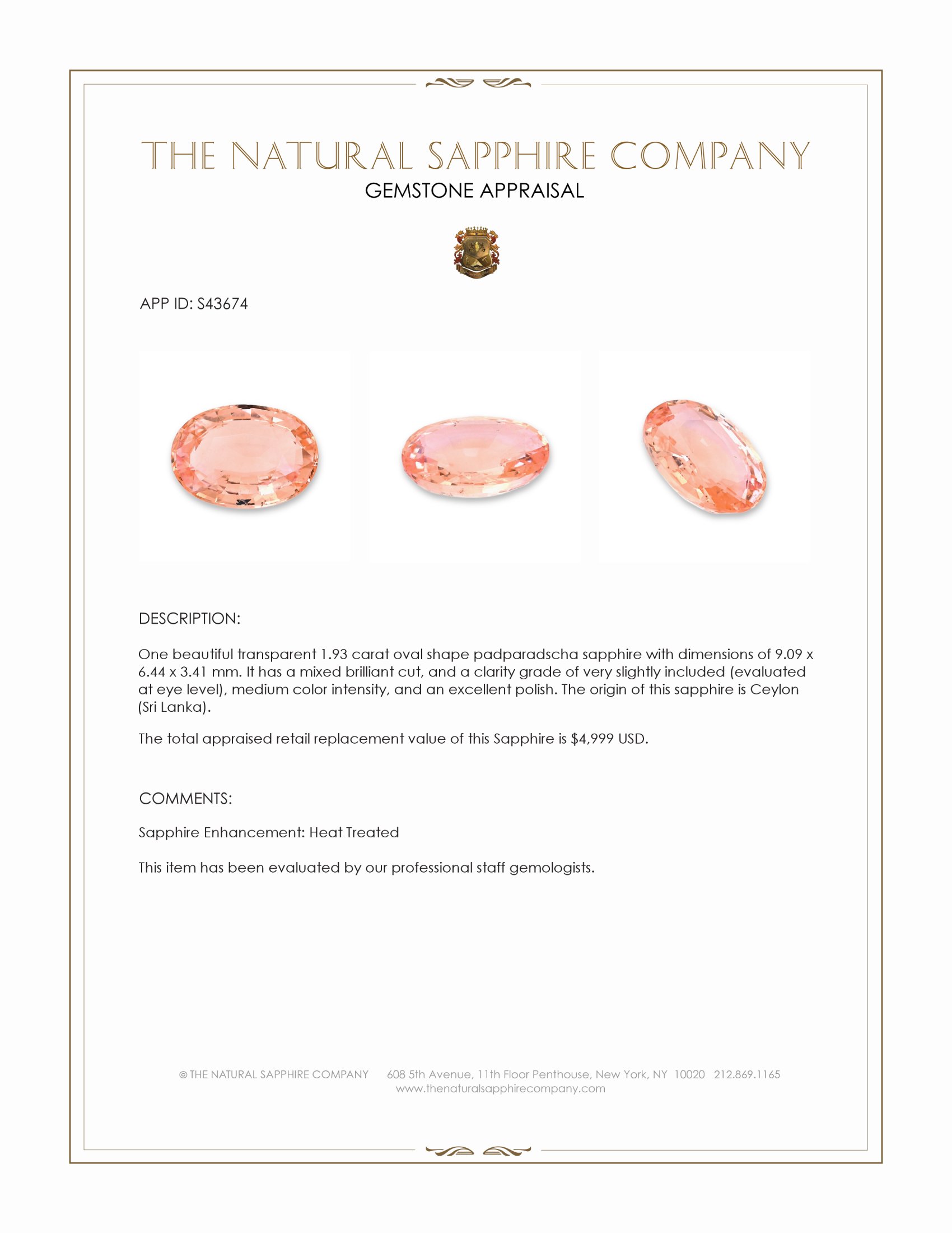 1.93 Ct. Padparadscha Sapphire from Ceylon (Sri Lanka)