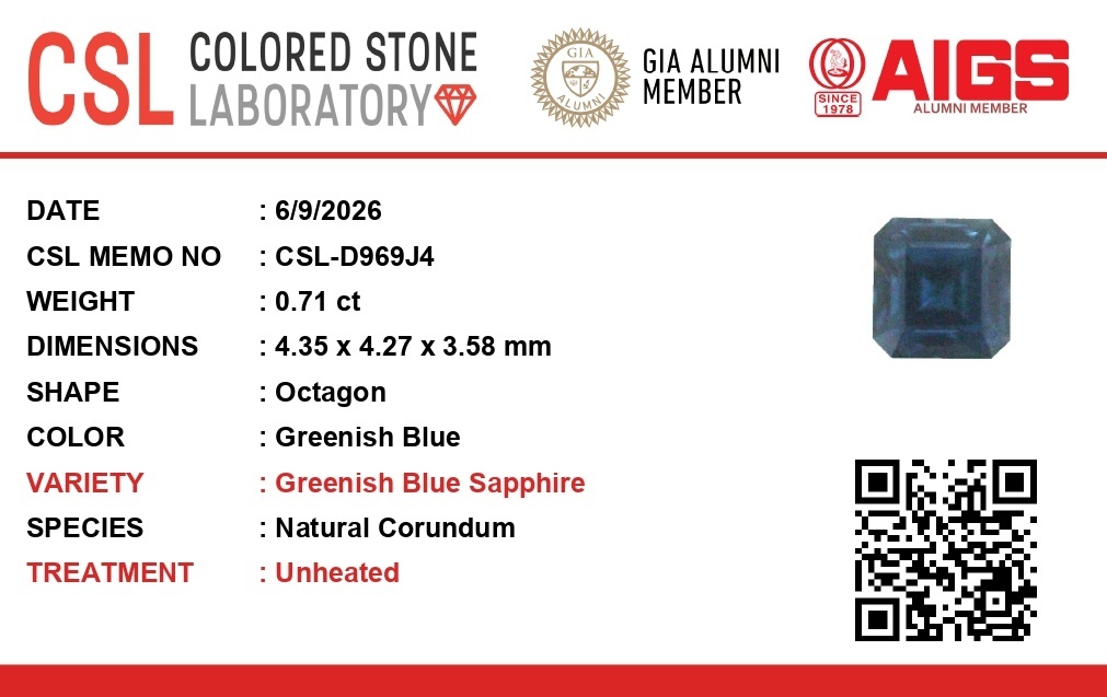0.71 Ct. Greenish Blue Sapphire from Ceylon (Sri Lanka)
