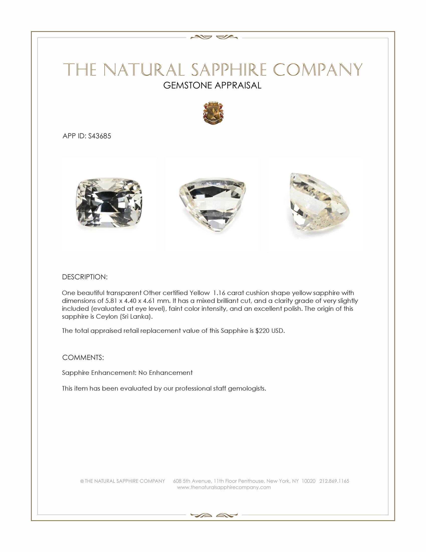1.16 Ct. Yellow Sapphire from Ceylon (Sri Lanka)