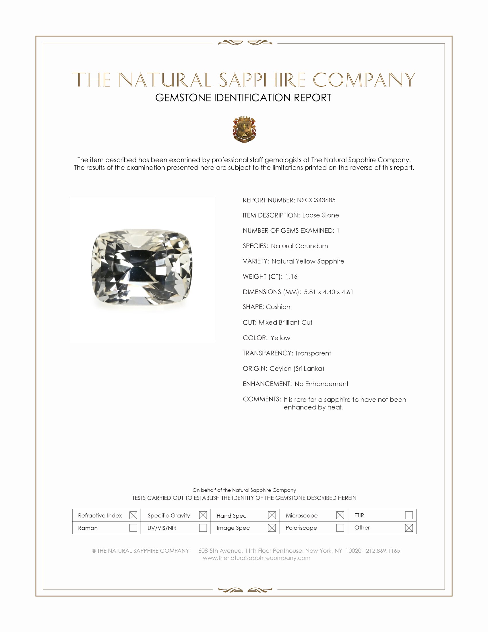 1.16 Ct. Yellow Sapphire from Ceylon (Sri Lanka)