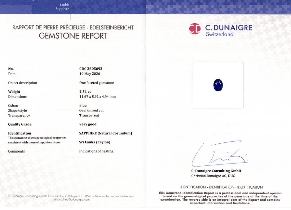 4.51 Ct. Blue Sapphire from Ceylon (Sri Lanka)