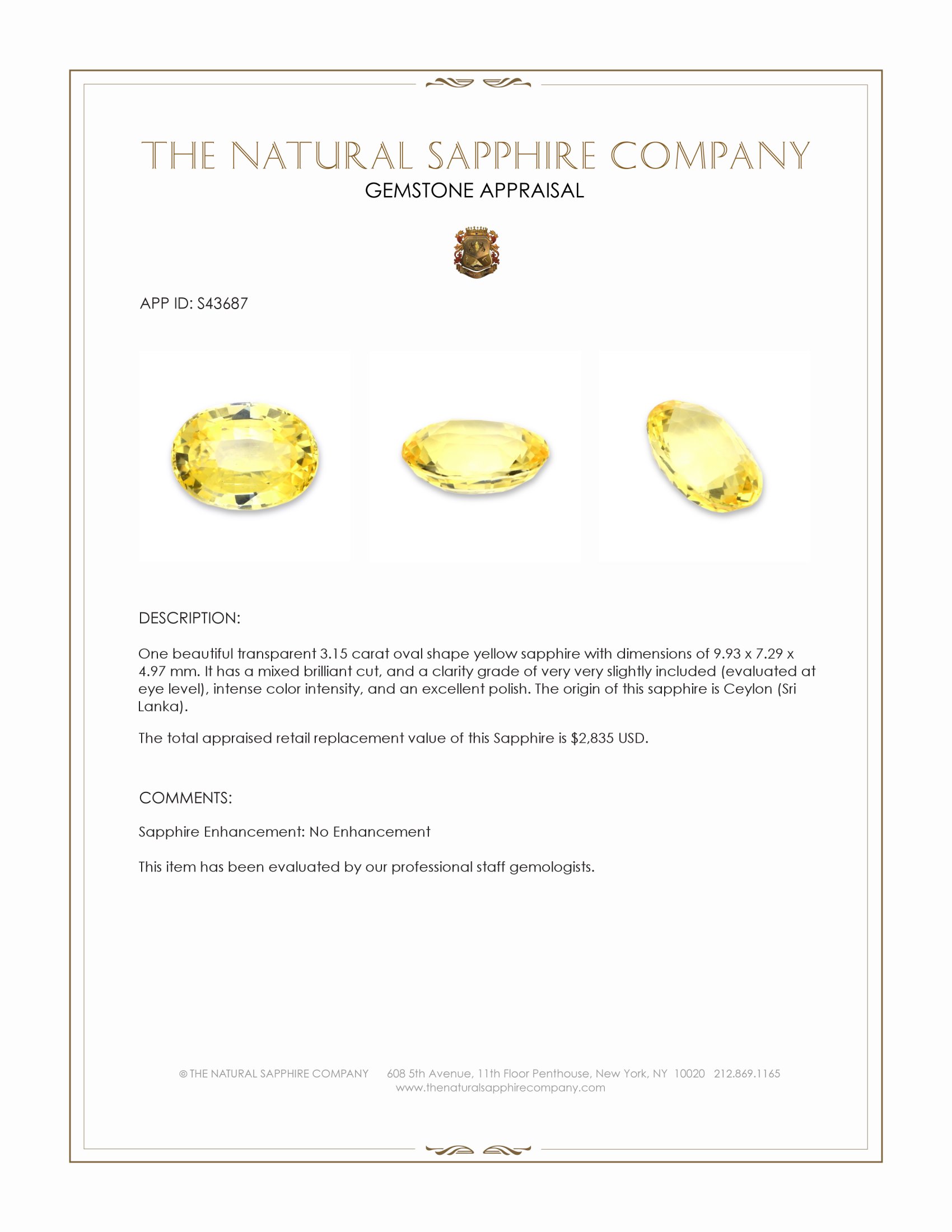 3.15 Ct. Yellow Sapphire from Ceylon (Sri Lanka)