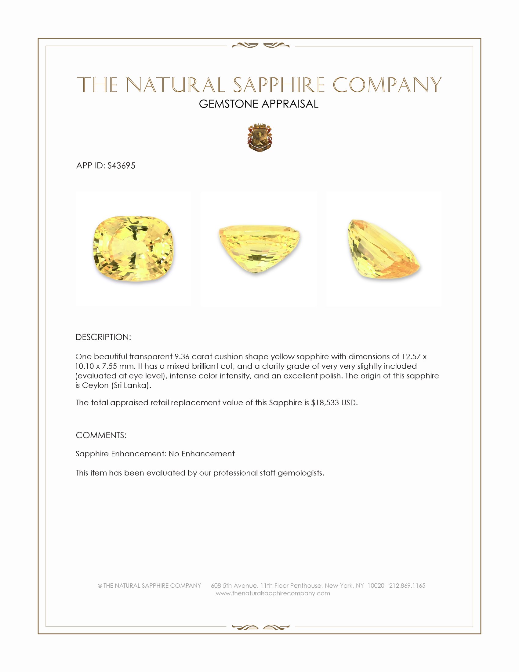 9.36 Ct. Yellow Sapphire from Ceylon (Sri Lanka)