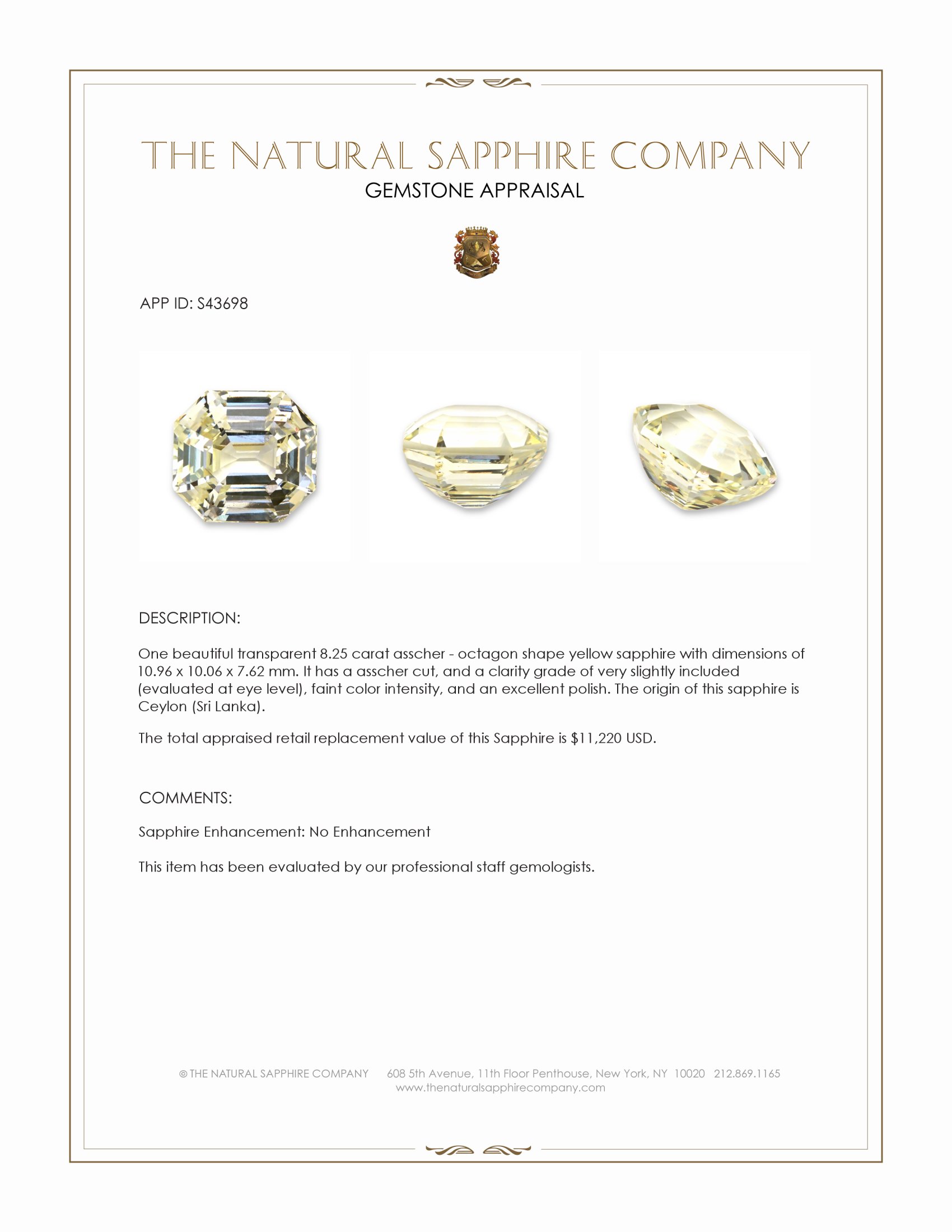 8.25 Ct. Yellow Sapphire from Ceylon (Sri Lanka)