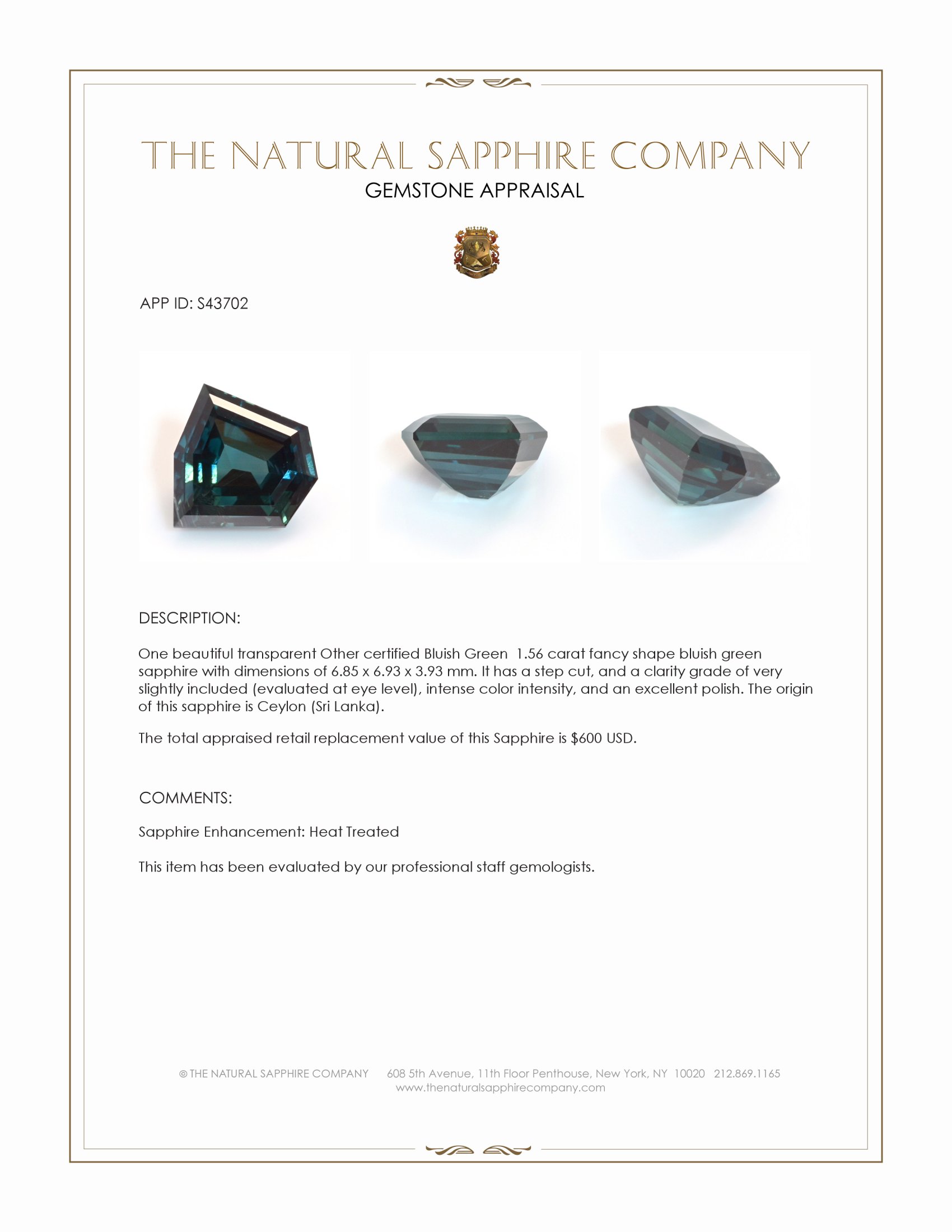 1.56 Ct. Bluish Green Sapphire from Ceylon (Sri Lanka)