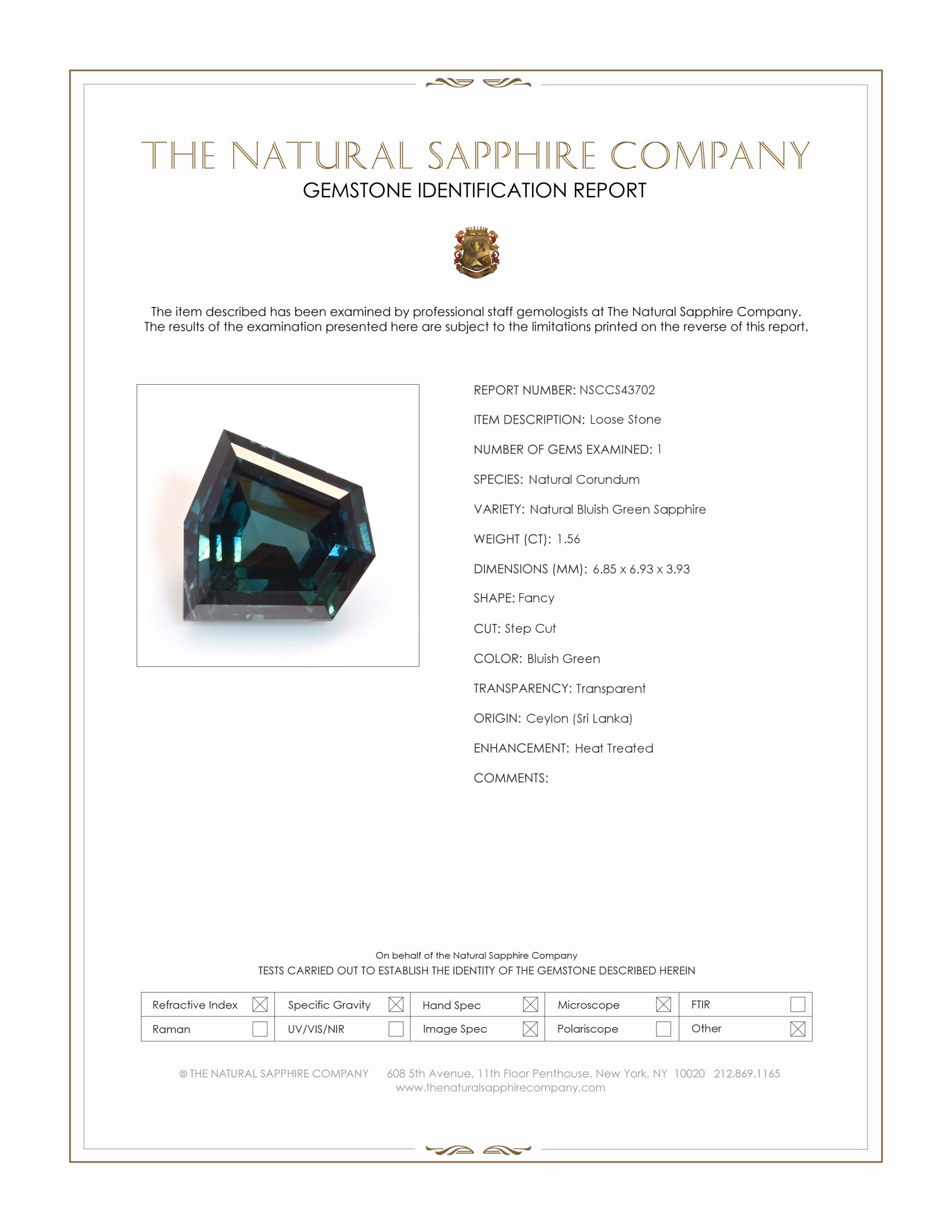 1.56 Ct. Bluish Green Sapphire from Ceylon (Sri Lanka)