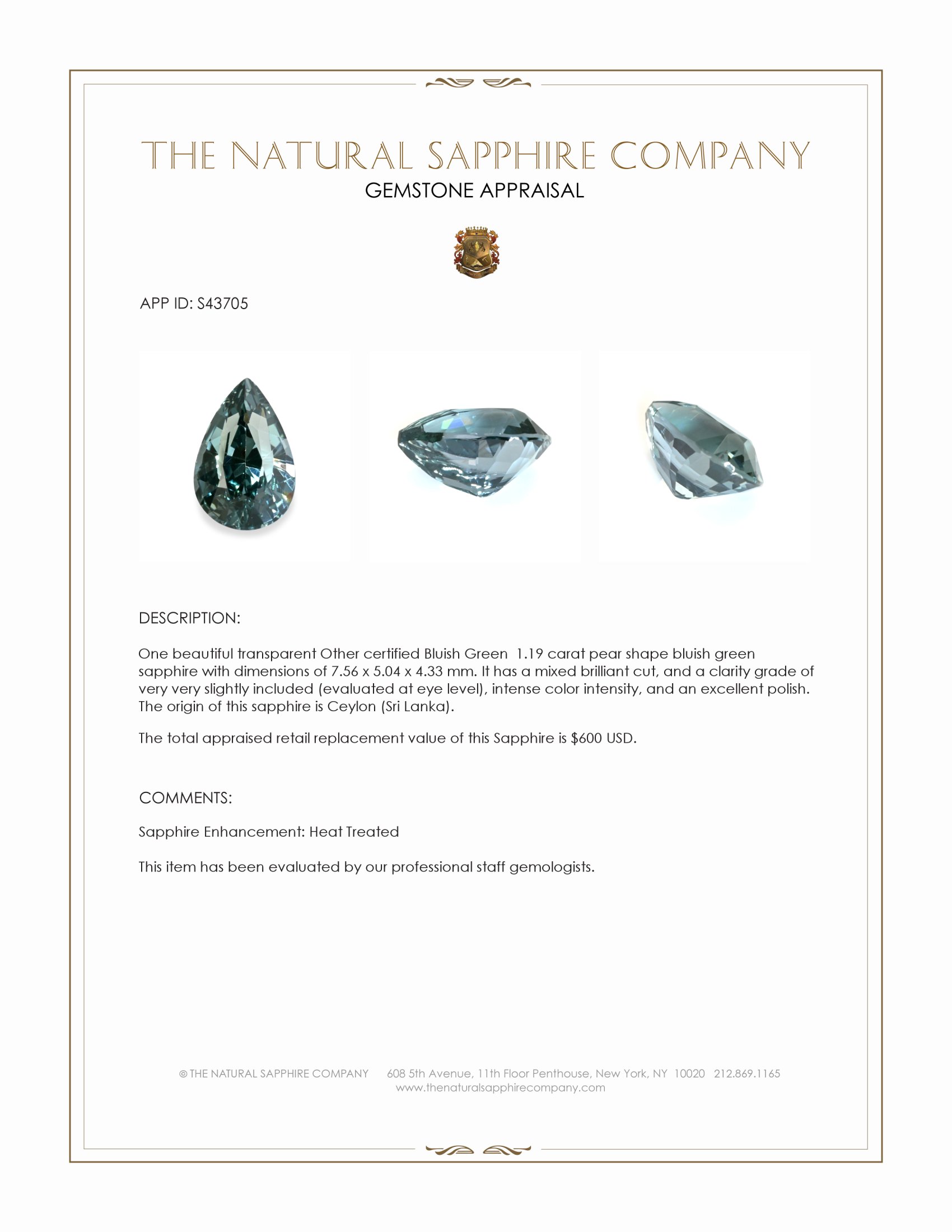 1.19 Ct. Bluish Green Sapphire from Ceylon (Sri Lanka)