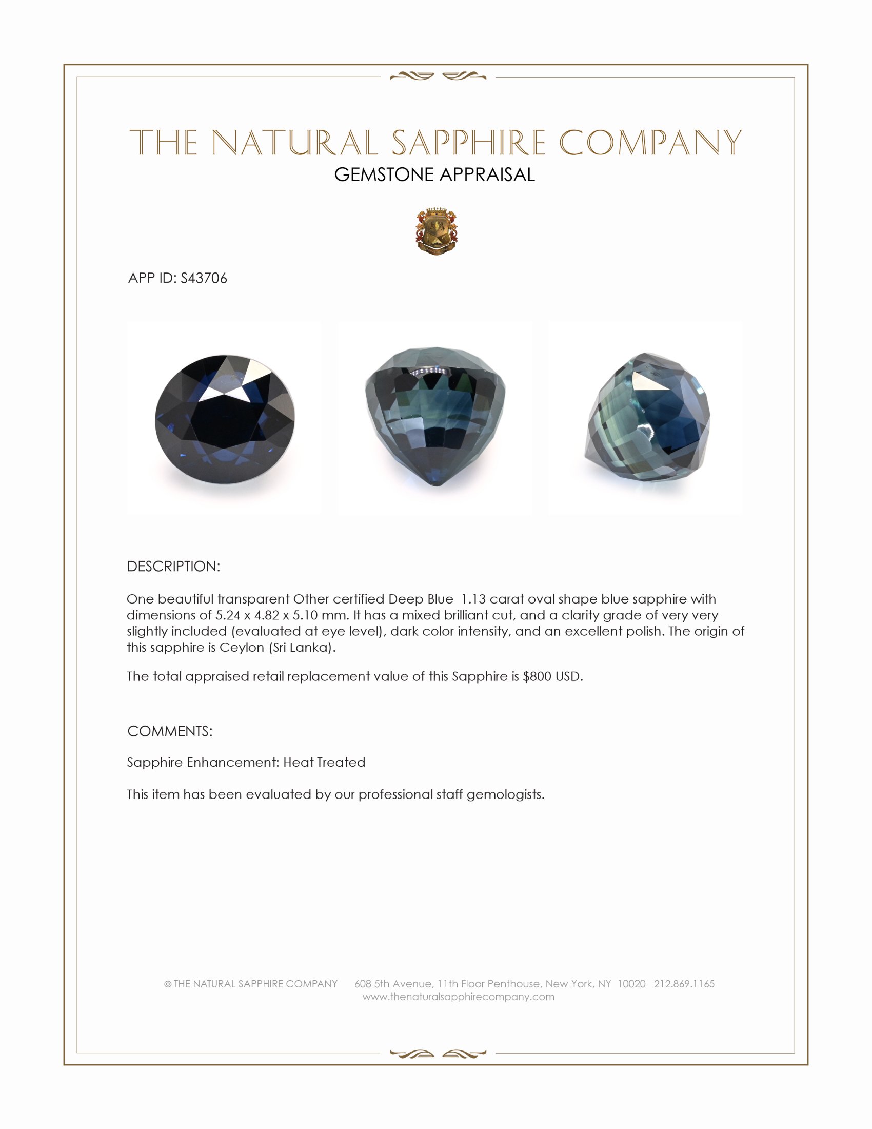 1.13 Ct. Blue Sapphire from Ceylon (Sri Lanka)