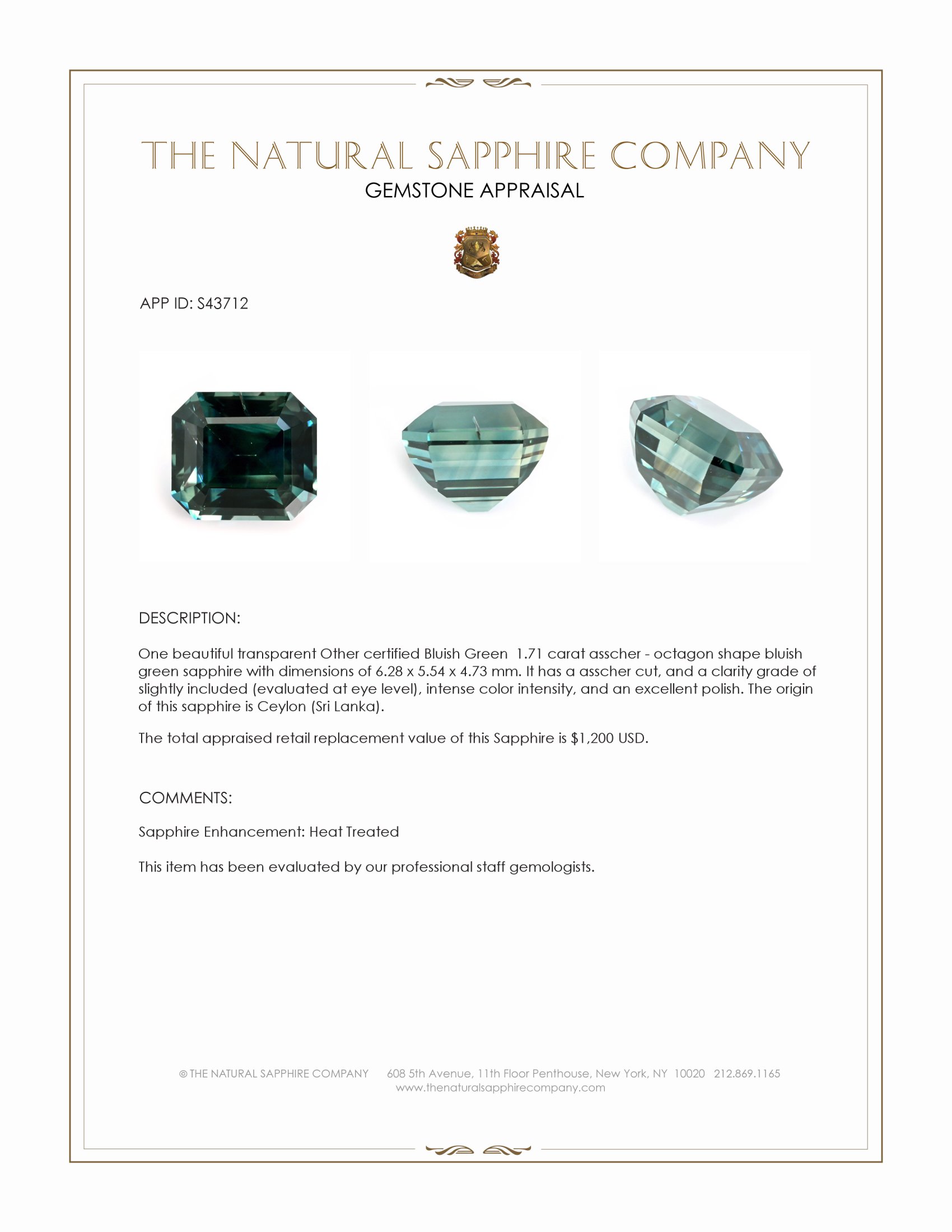 1.71 Ct. Bluish Green Sapphire from Ceylon (Sri Lanka)