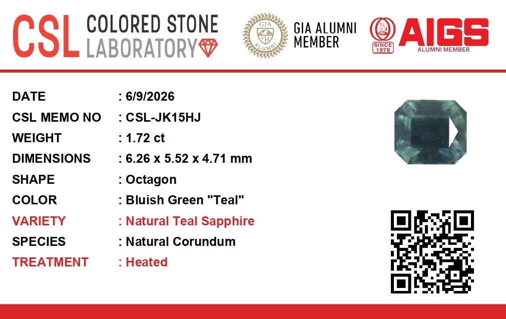 1.71 Ct. Bluish Green Sapphire from Ceylon (Sri Lanka)