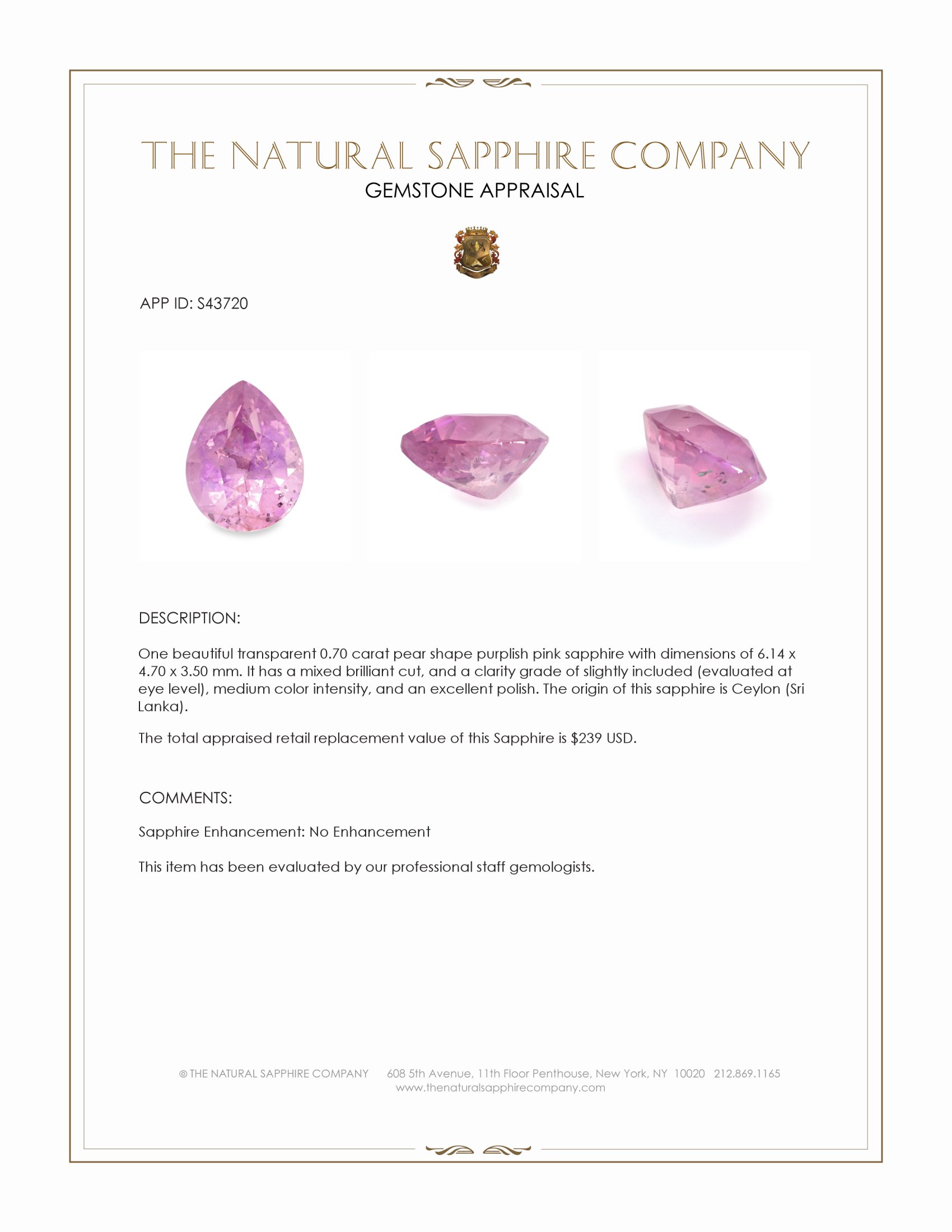0.70 Ct. Purplish Pink Sapphire from Ceylon (Sri Lanka)