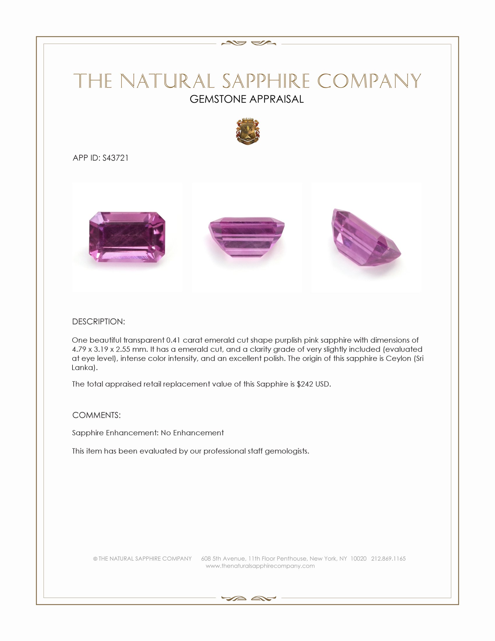 0.41 Ct. Purplish Pink Sapphire from Ceylon (Sri Lanka)