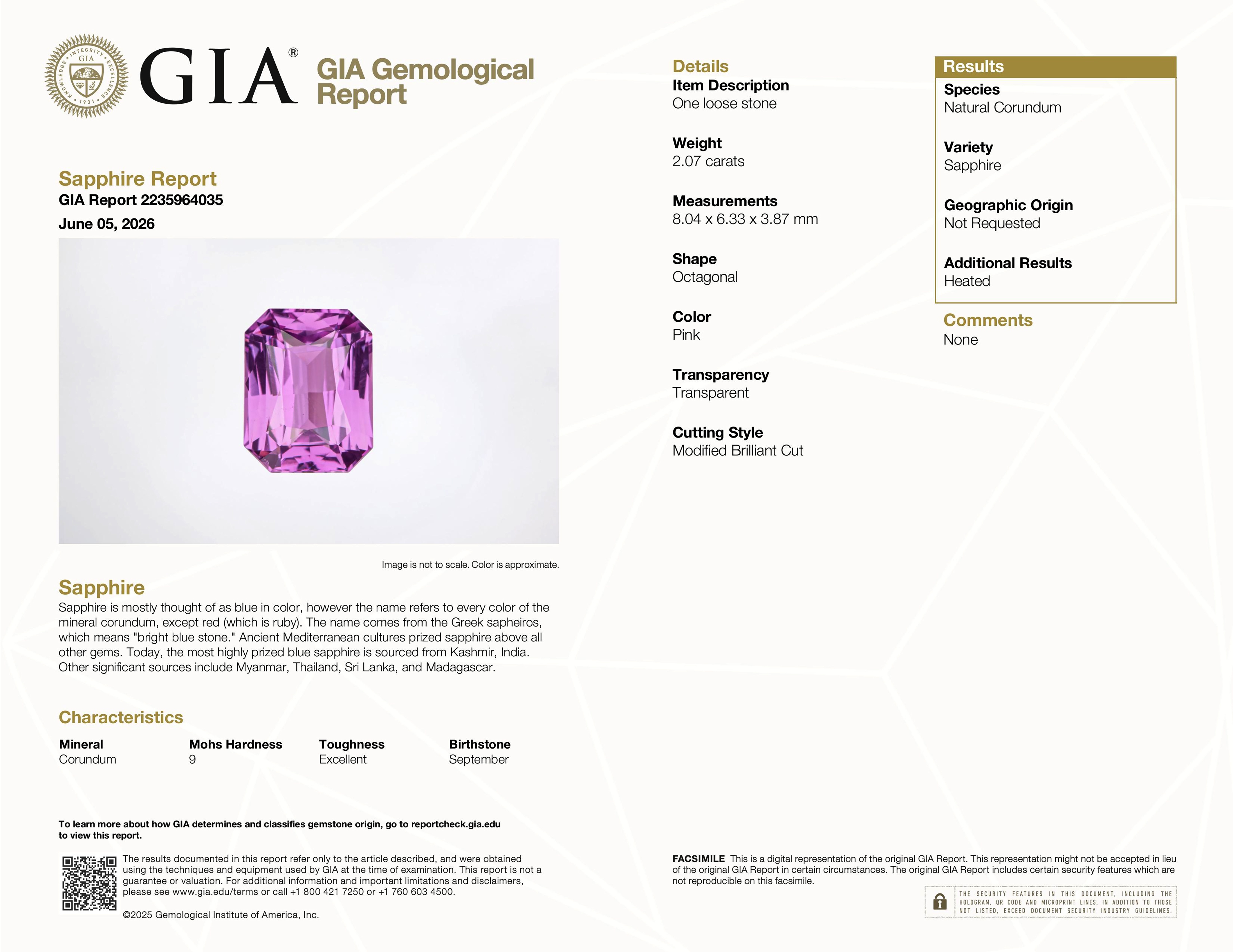 2.07 Ct. Pink Sapphire from Ceylon (Sri Lanka)