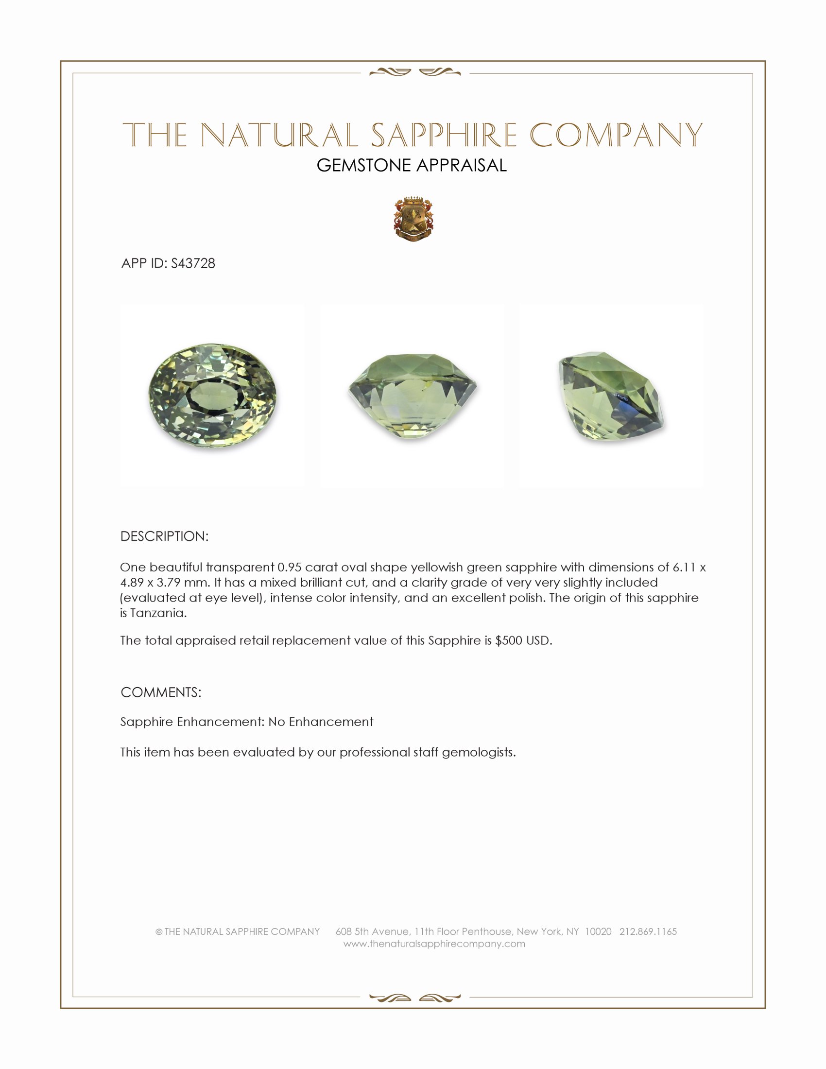 0.95 Ct. Yellowish Green Sapphire from Tanzania