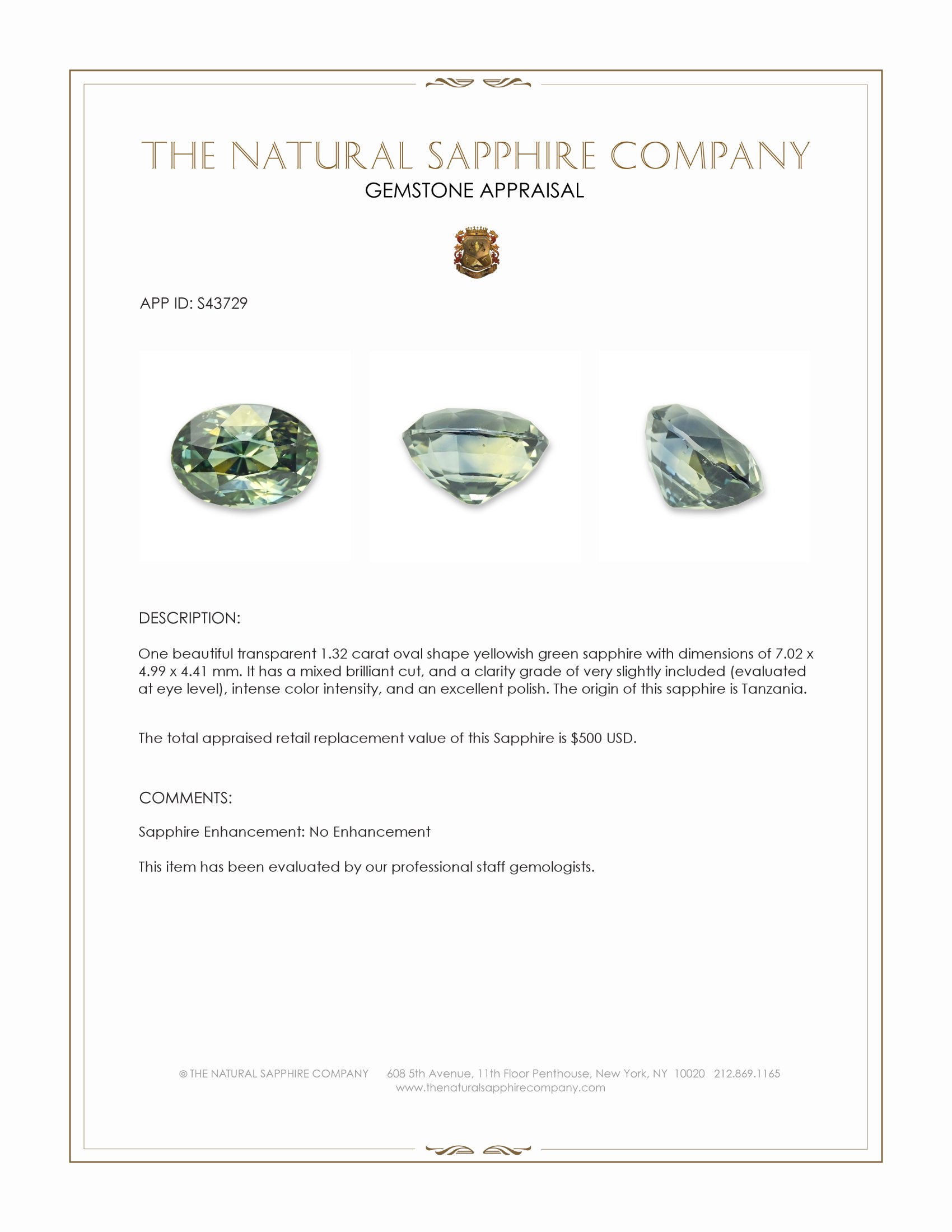 1.32 Ct. Yellowish Green Sapphire from Tanzania