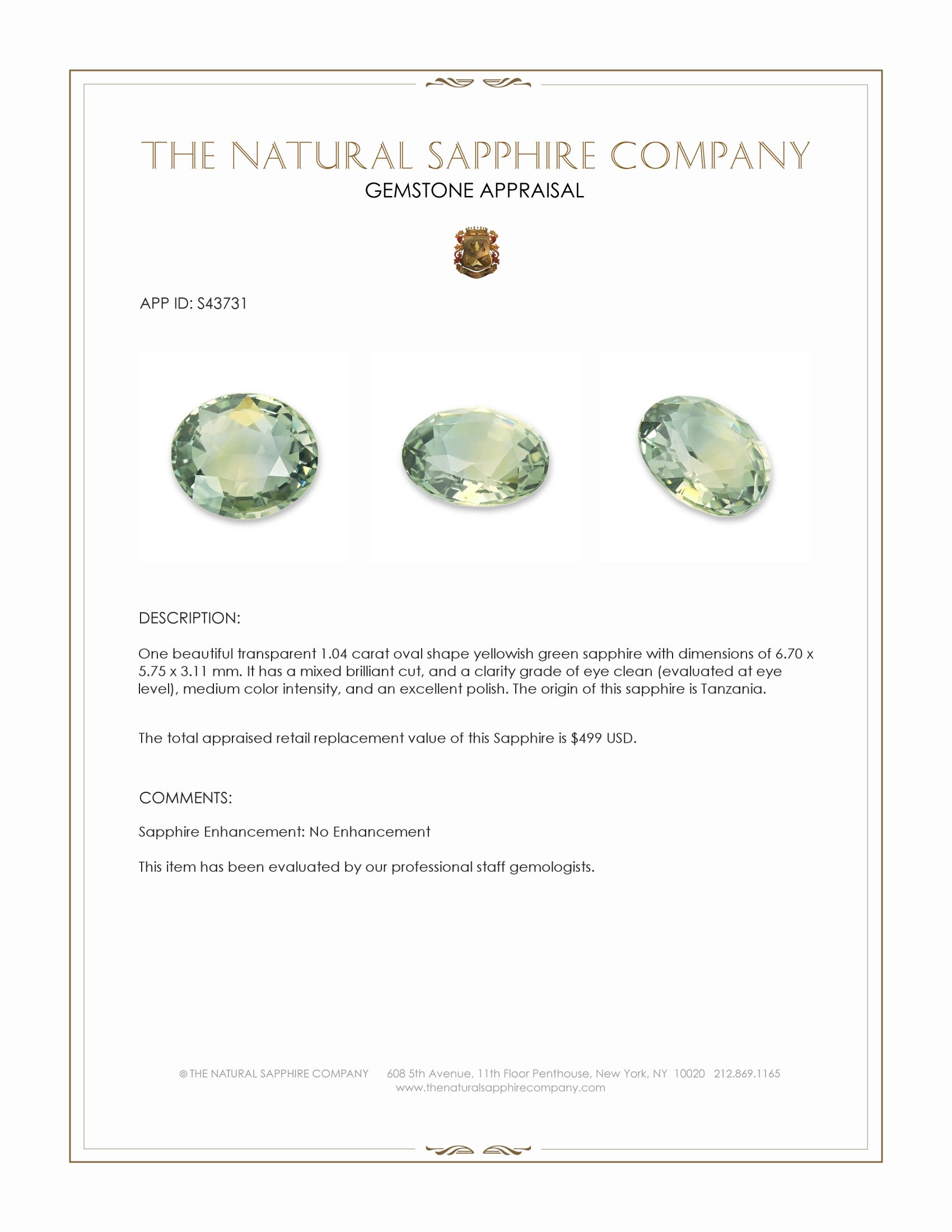 1.04 Ct. Yellowish Green Sapphire from Tanzania