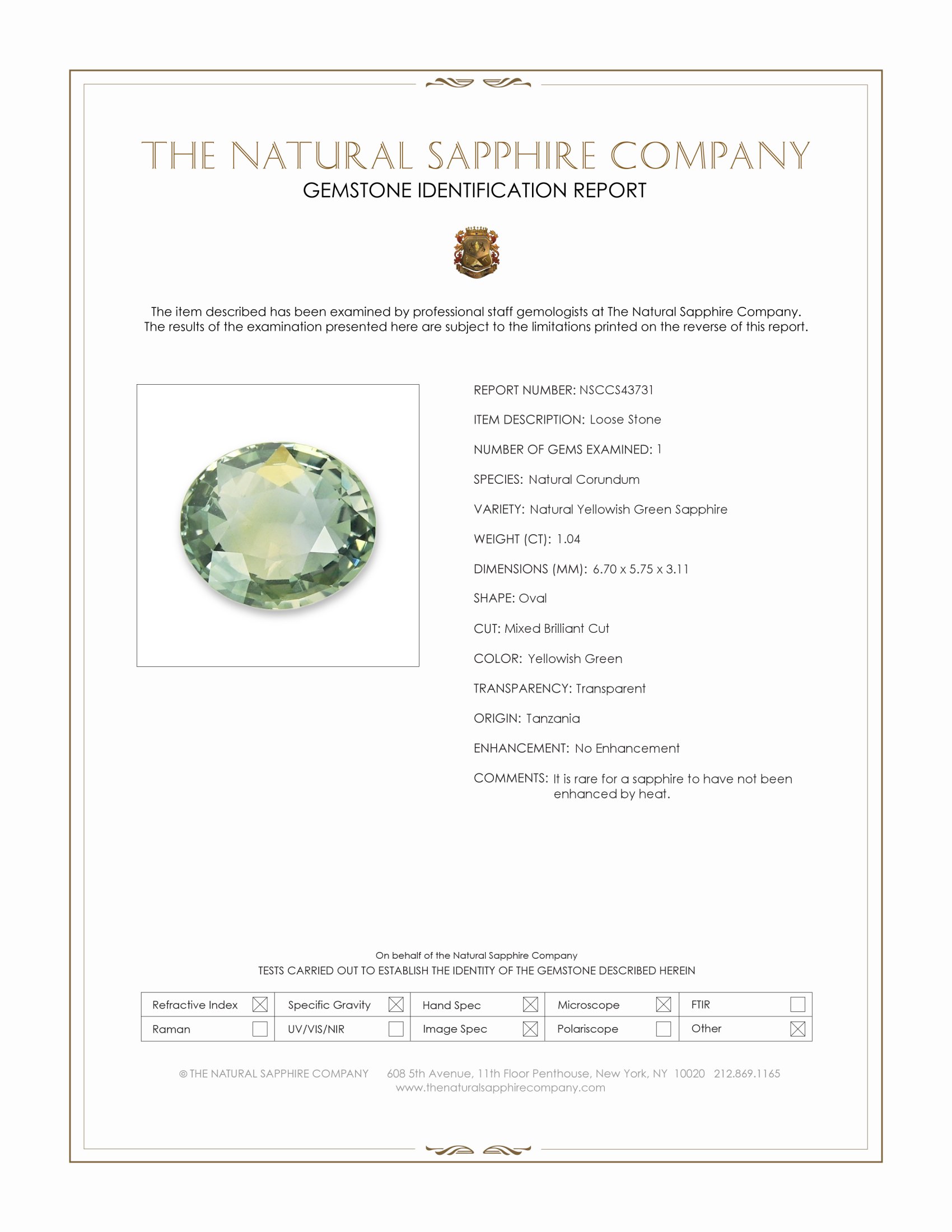 1.04 Ct. Yellowish Green Sapphire from Tanzania