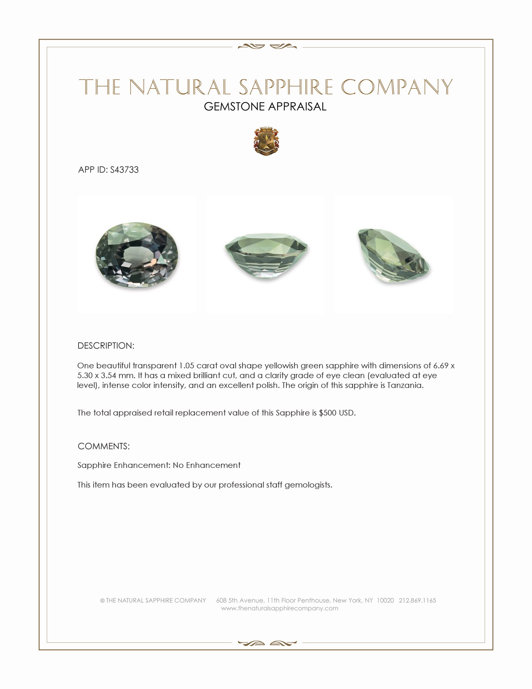 1.05 Ct. Yellowish Green Sapphire from Tanzania