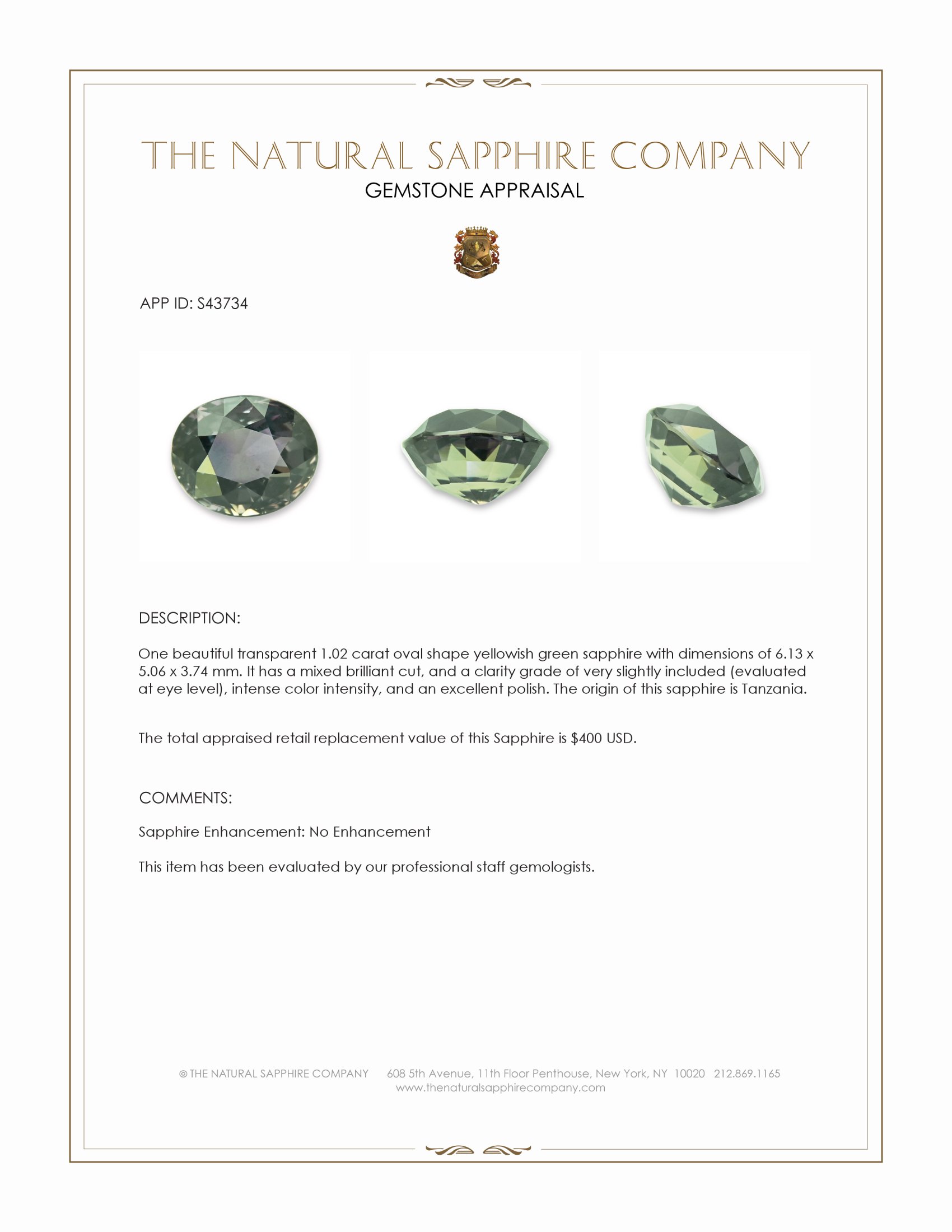 1.02 Ct. Yellowish Green Sapphire from Tanzania