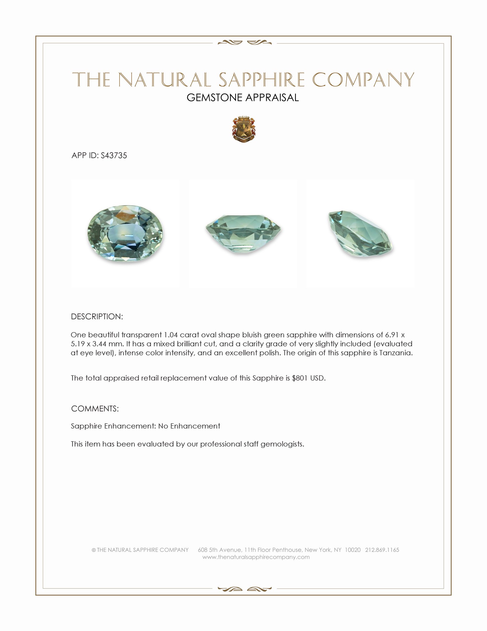 1.04 Ct. Bluish Green Sapphire from Tanzania