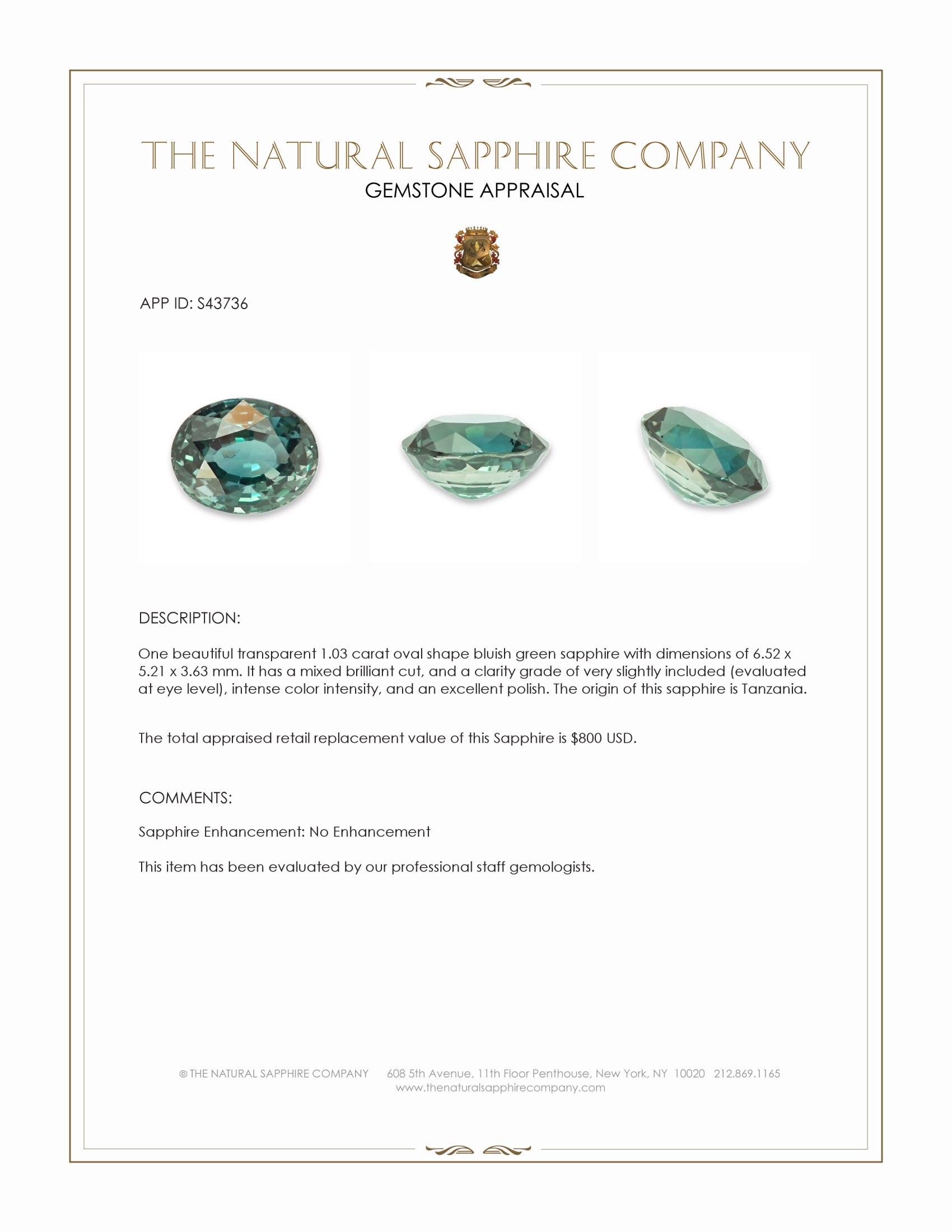 1.03 Ct. Bluish Green Sapphire from Tanzania
