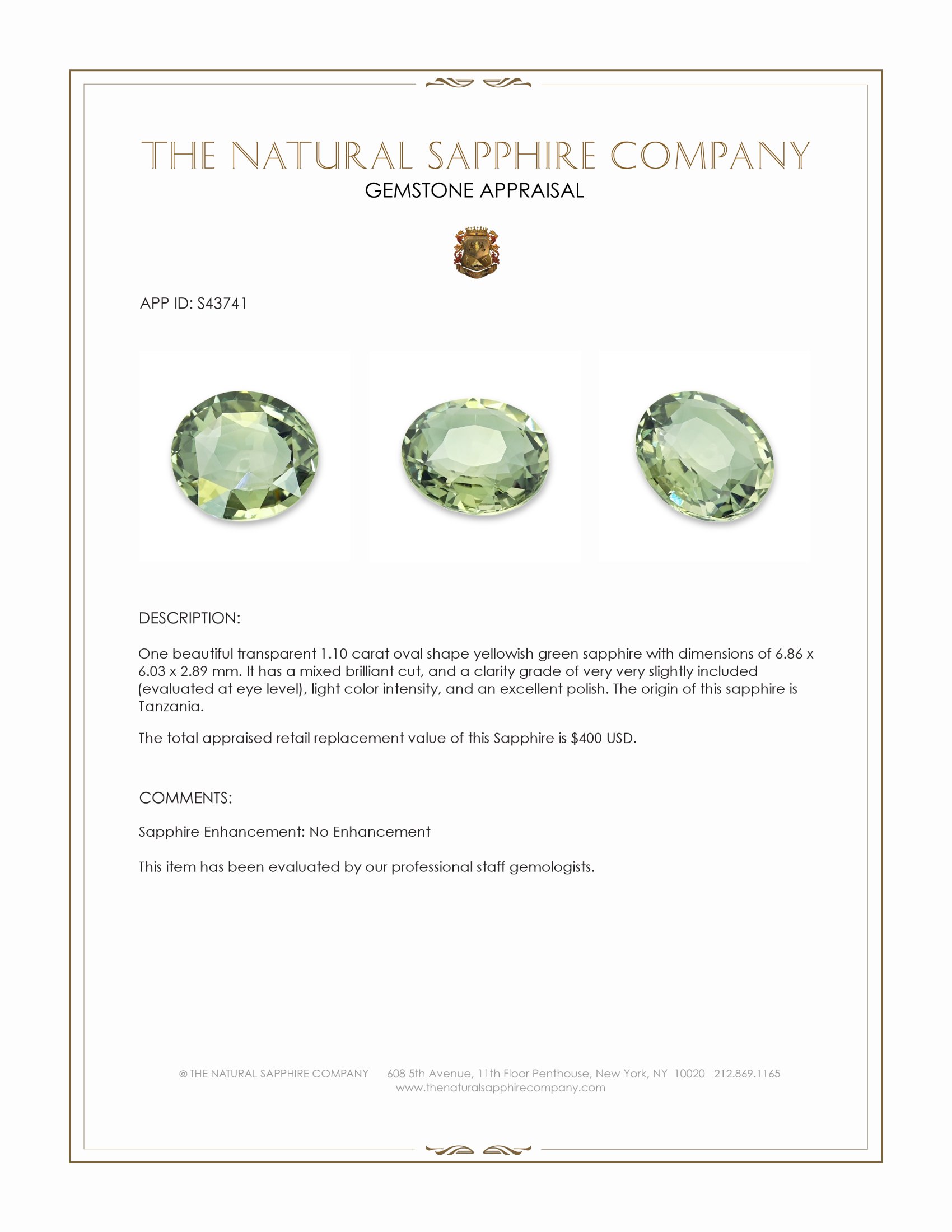 1.10 Ct. Yellowish Green Sapphire from Tanzania
