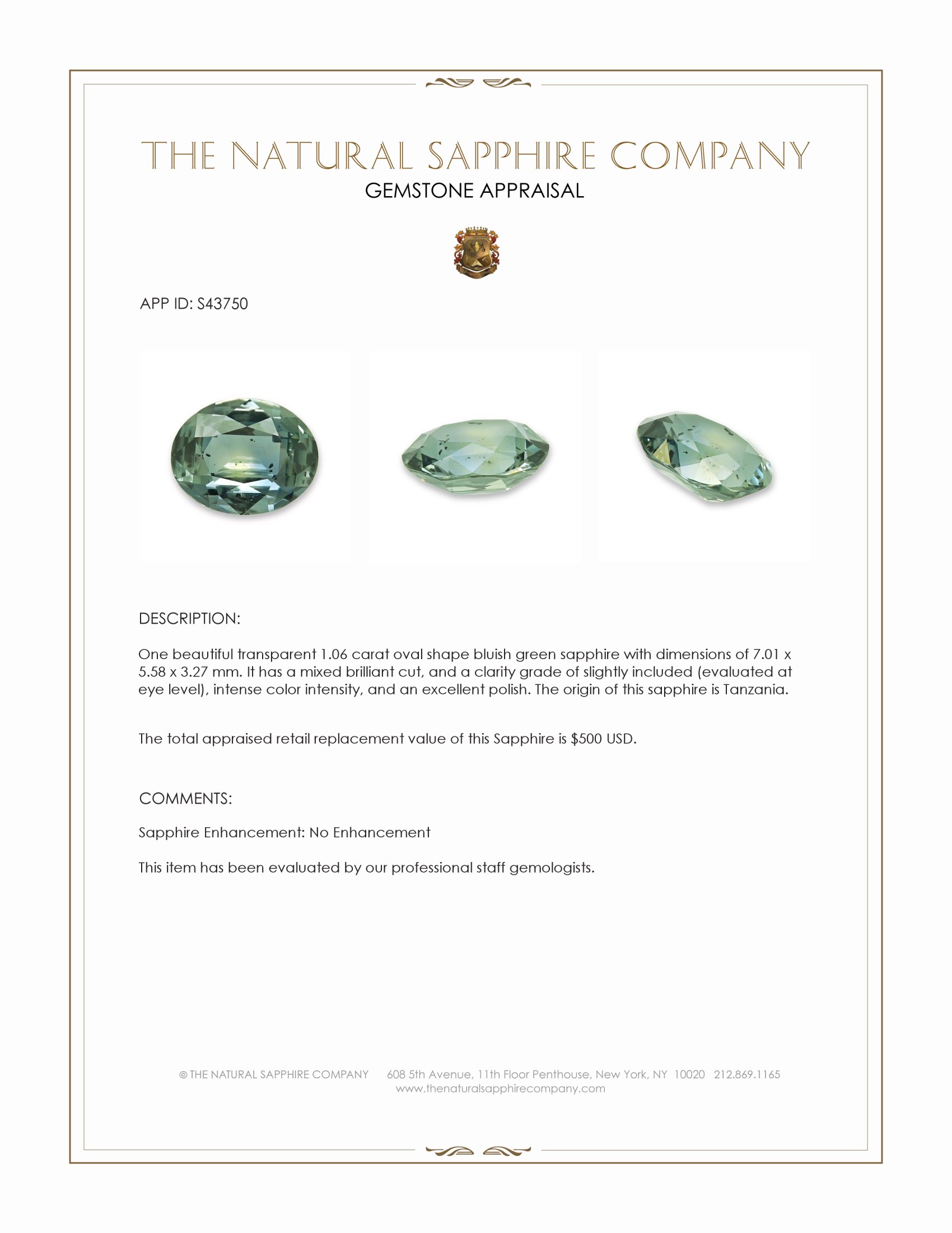 1.06 Ct. Bluish Green Sapphire from Tanzania