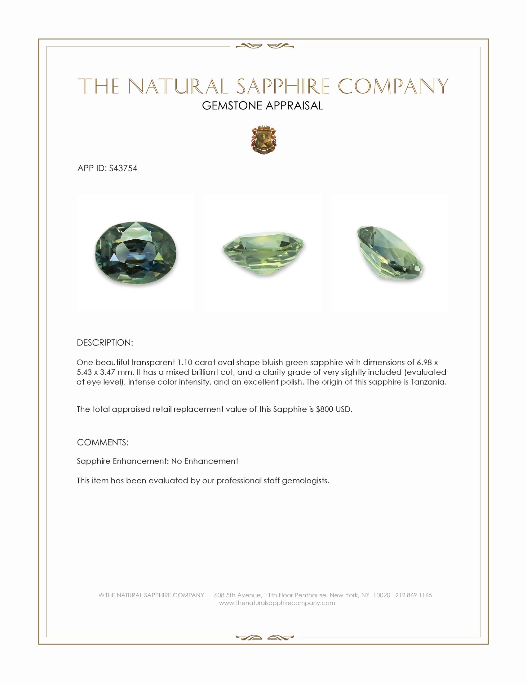1.10 Ct. Bluish Green Sapphire from Tanzania
