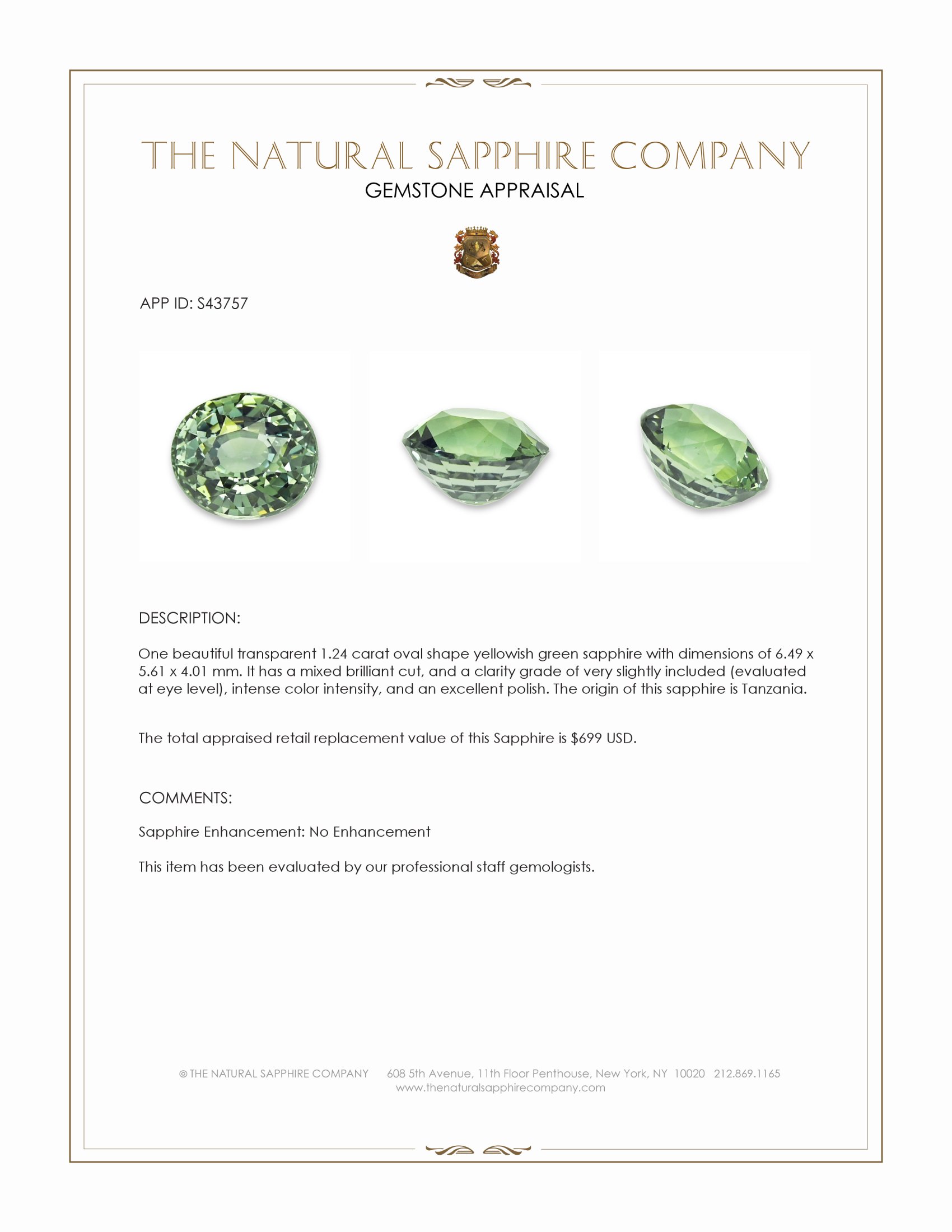 1.24 Ct. Yellowish Green Sapphire from Tanzania